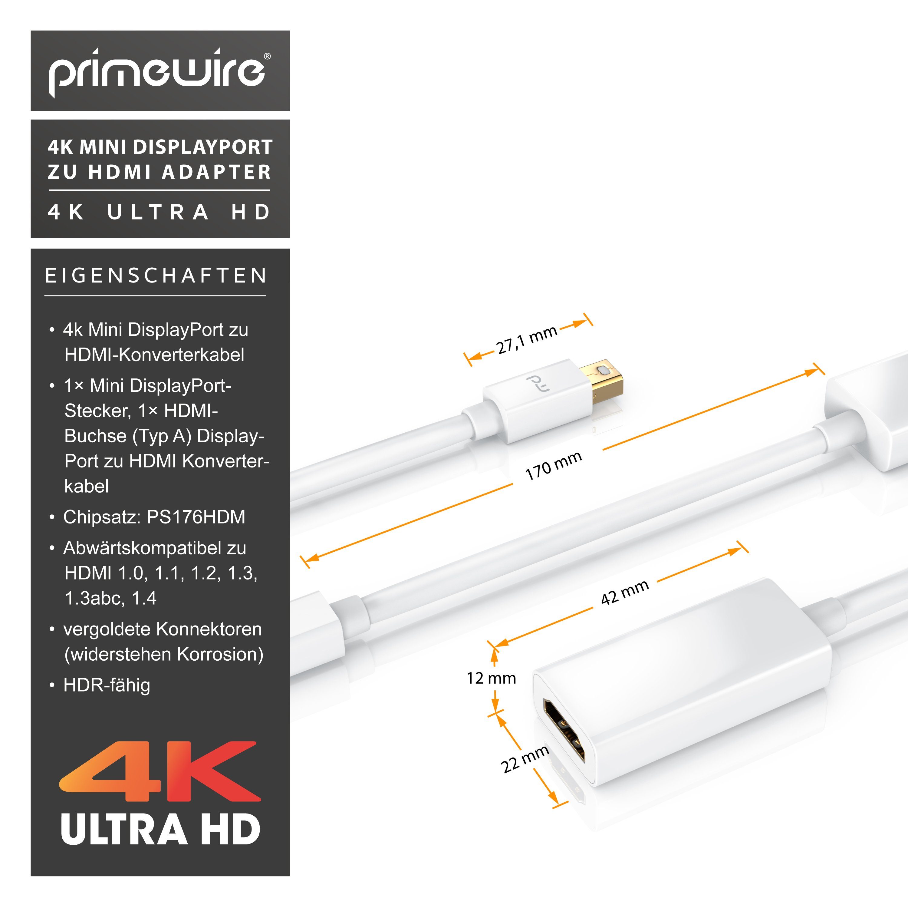 Primewire Audio- & Video-Adapter Mini DisplayPort zu HDMI, 10 cm, Ultra HD 4k MiniDP zu HDMI Buchse Monitor Konverter / Adapterkabel