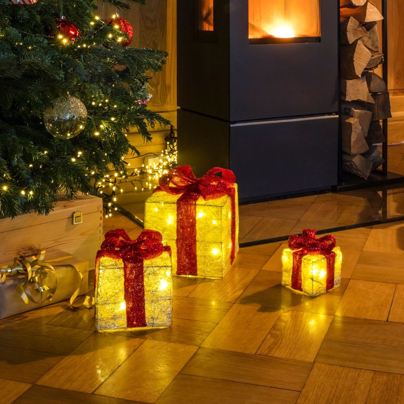 Spetebo LED Dekoobjekt Boxen - warm Deko weiß, weiß Timerfunktion, mit fest LED LED Geschenkboxen Set rot, 3er Weihnachts Timer verbaut, warm beleuchtet