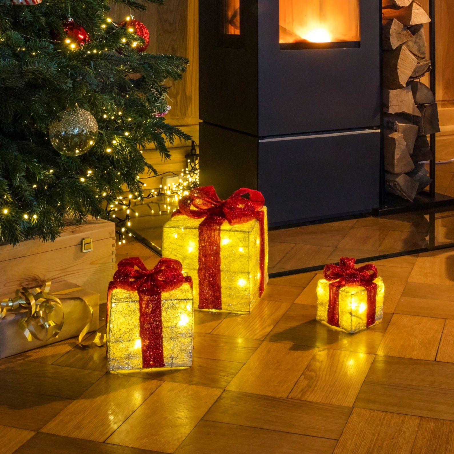 Spetebo LED Dekoobjekt LED Geschenkboxen mit Timer 3er Set - rot, Timerfunktion, LED fest verbaut, warm weiß, Weihnachts Deko Boxen warm weiß beleuchtet