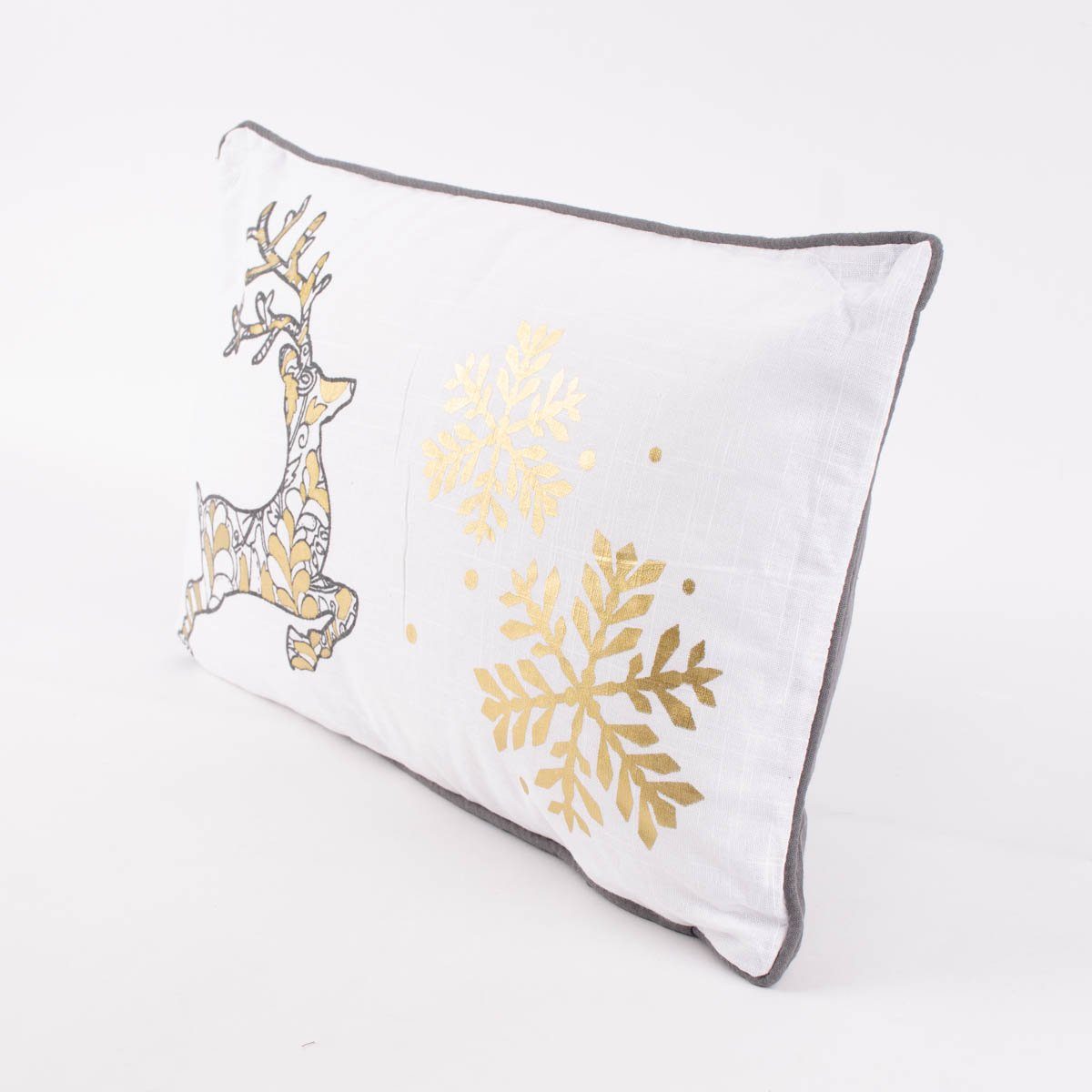 SCHÖNER LEBEN. Dekokissen Deko Kissen Kederumrandung bedruckt Hirsch Schneeflocken Foliendruck w