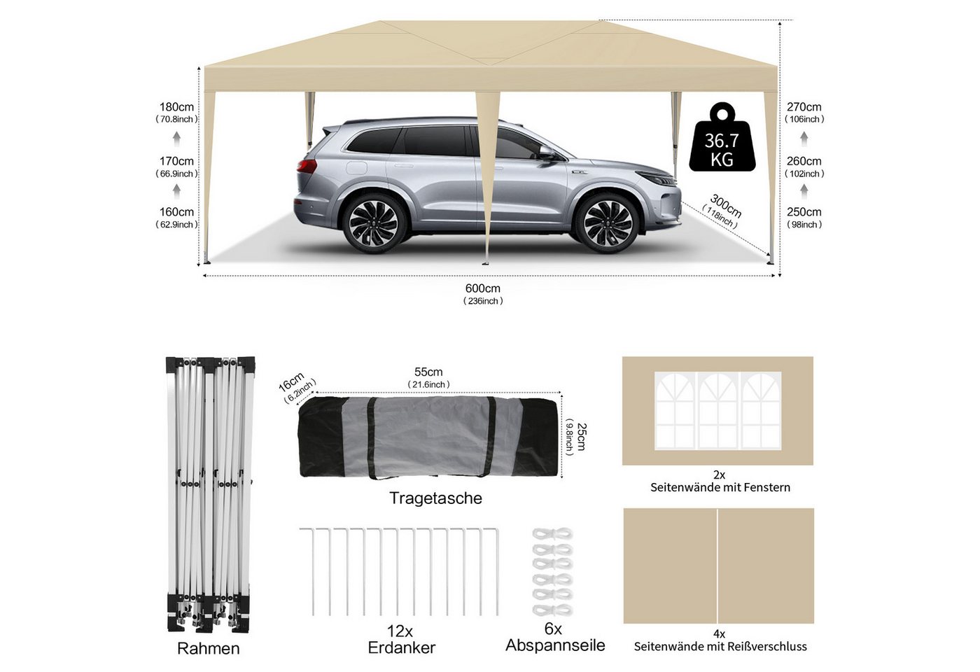 Thumbnail - LUCKZON Pavillon 3x6m, wasserdicht&UV-Schutz 50+, inkl. Tragetasche, 12 Heringen, mit 6 Seitenteilen, 6 Abspannseilen 4 ...