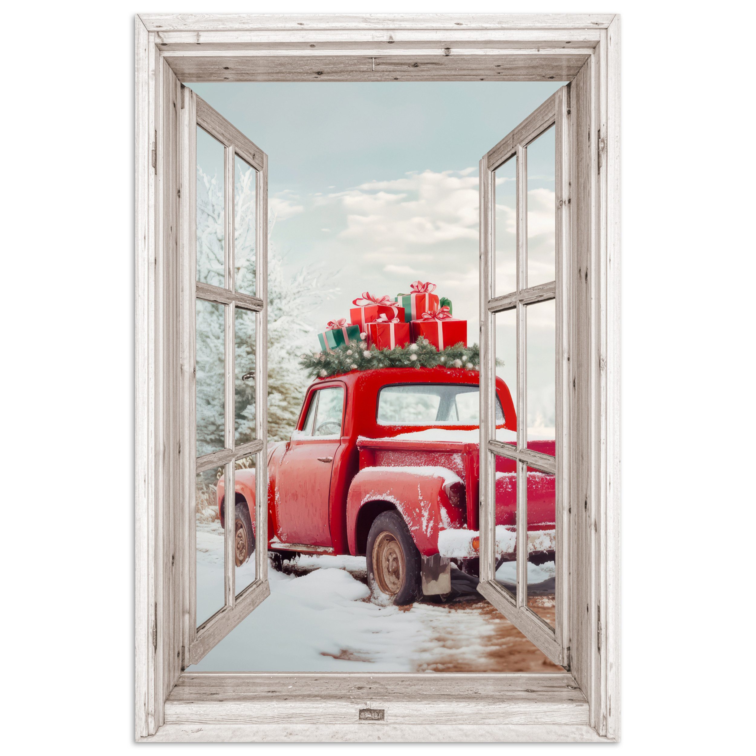 MuchoWow Poster Auto - Rot - Geschenke - Winter - Weihnachten - Fensterblick - Weiß, (1 St), Poster ohne Rahmen, Wandbild, Wandposter, 20x30 cm