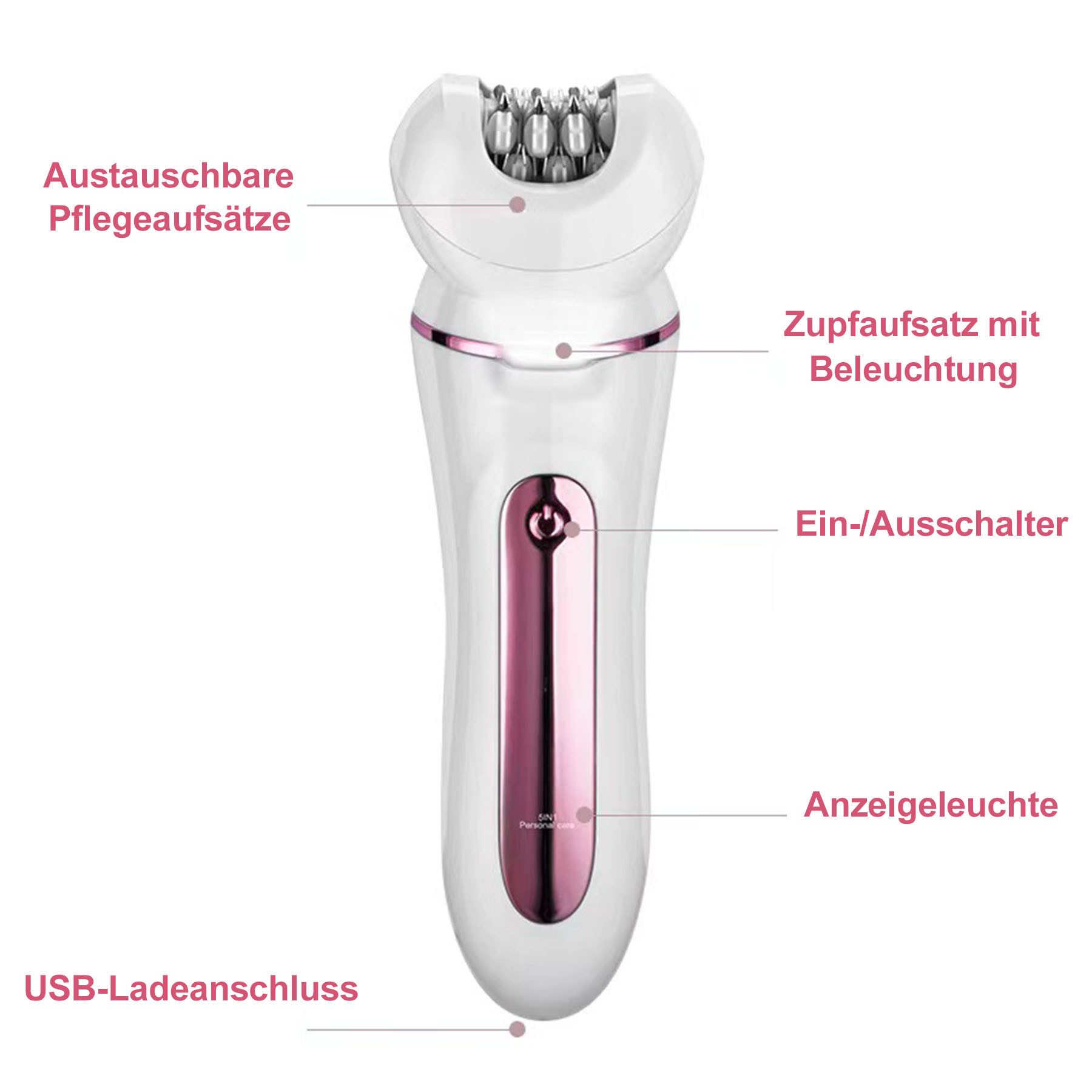 Senmudi Epilierer Damen für Haarentfernung, 5-in-1 Elektrischer Rasierer Frauen mit usb, Aufsätze: 9 St., Epilierer mit schwenkbarem Kopf,Wet & Dry mit 5 Extras,schmerzfrei, USB-Aufladung & kabellos für Beine,Körper,Gesicht, Beine und Arme,Rosa