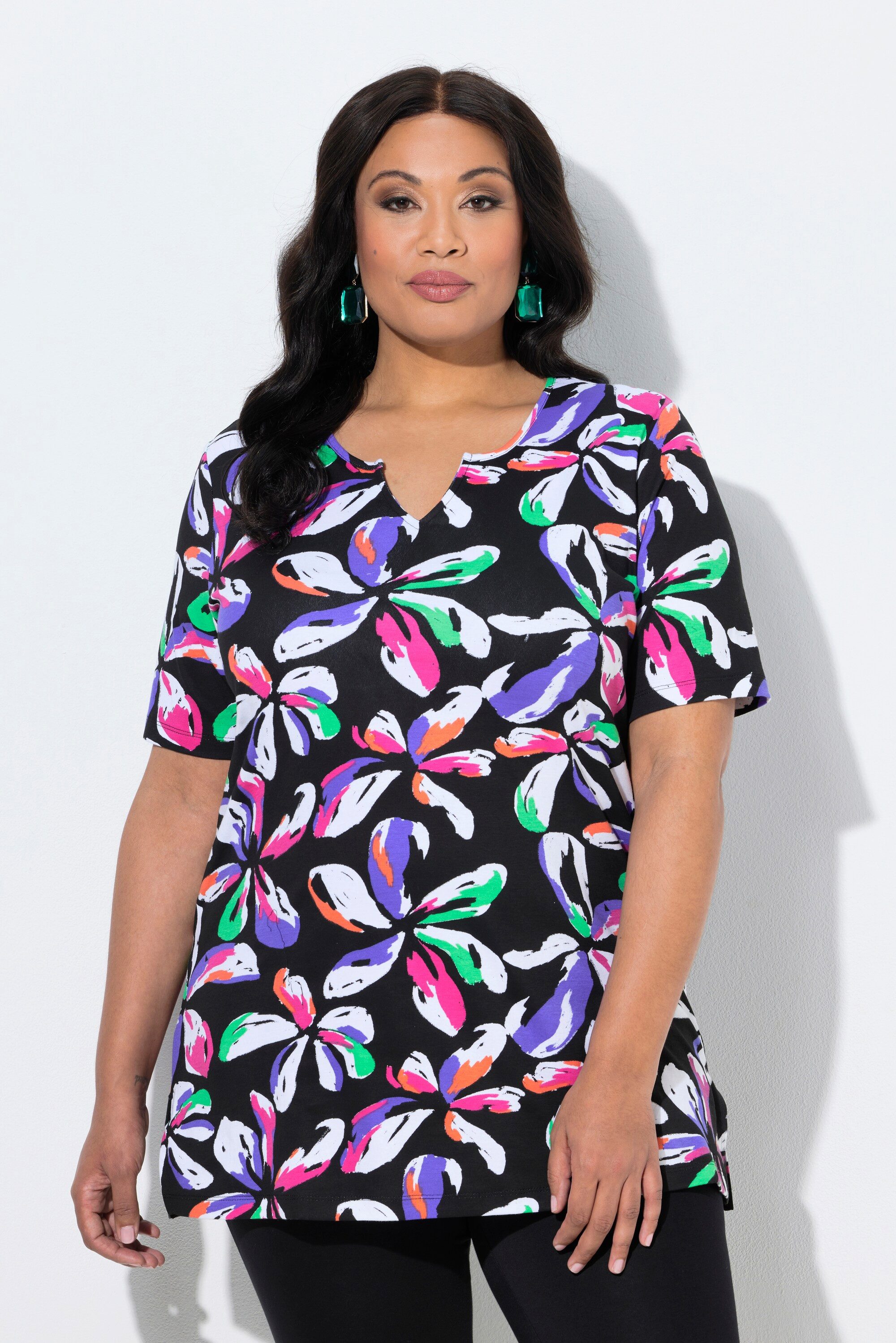 Ulla Popken Longshirt Longshirt Blüten Tunika-Ausschnitt Halbarm