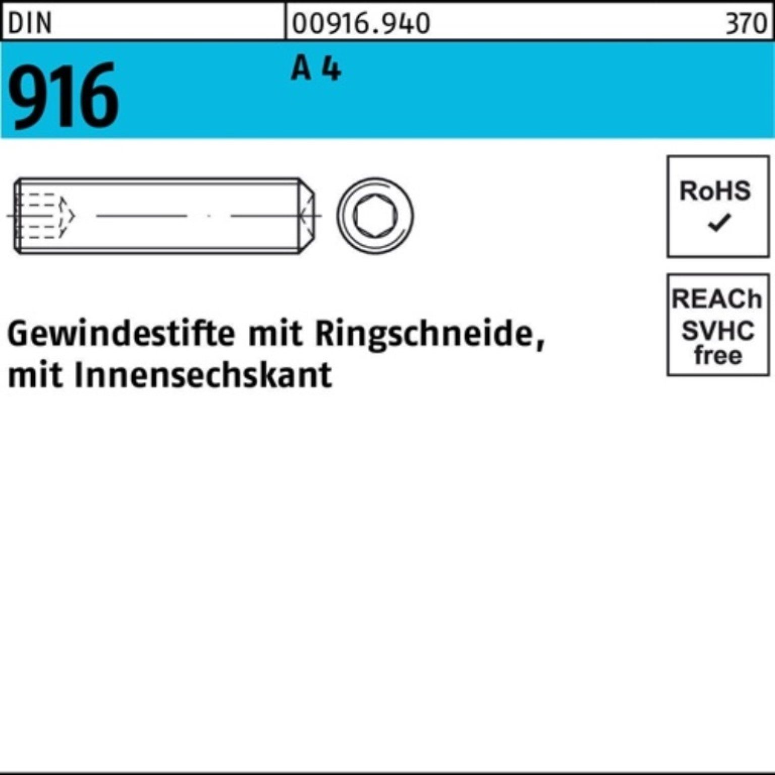 Reyher Gewindebolzen 100er 916 St Gewindestift M16x A 10 Ringschn./Innen-6kt DIN Pack 4 16
