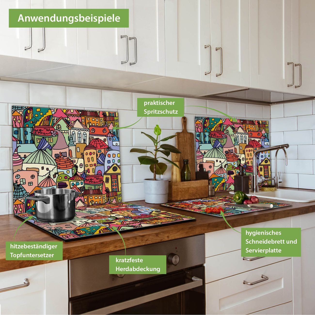 banjado Herd-Abdeckplatte einteilig aus Glas mit Motiv Funky Town, (gehärtet, 1 tlg., inkl. selbstklebende Gummifüßchen)