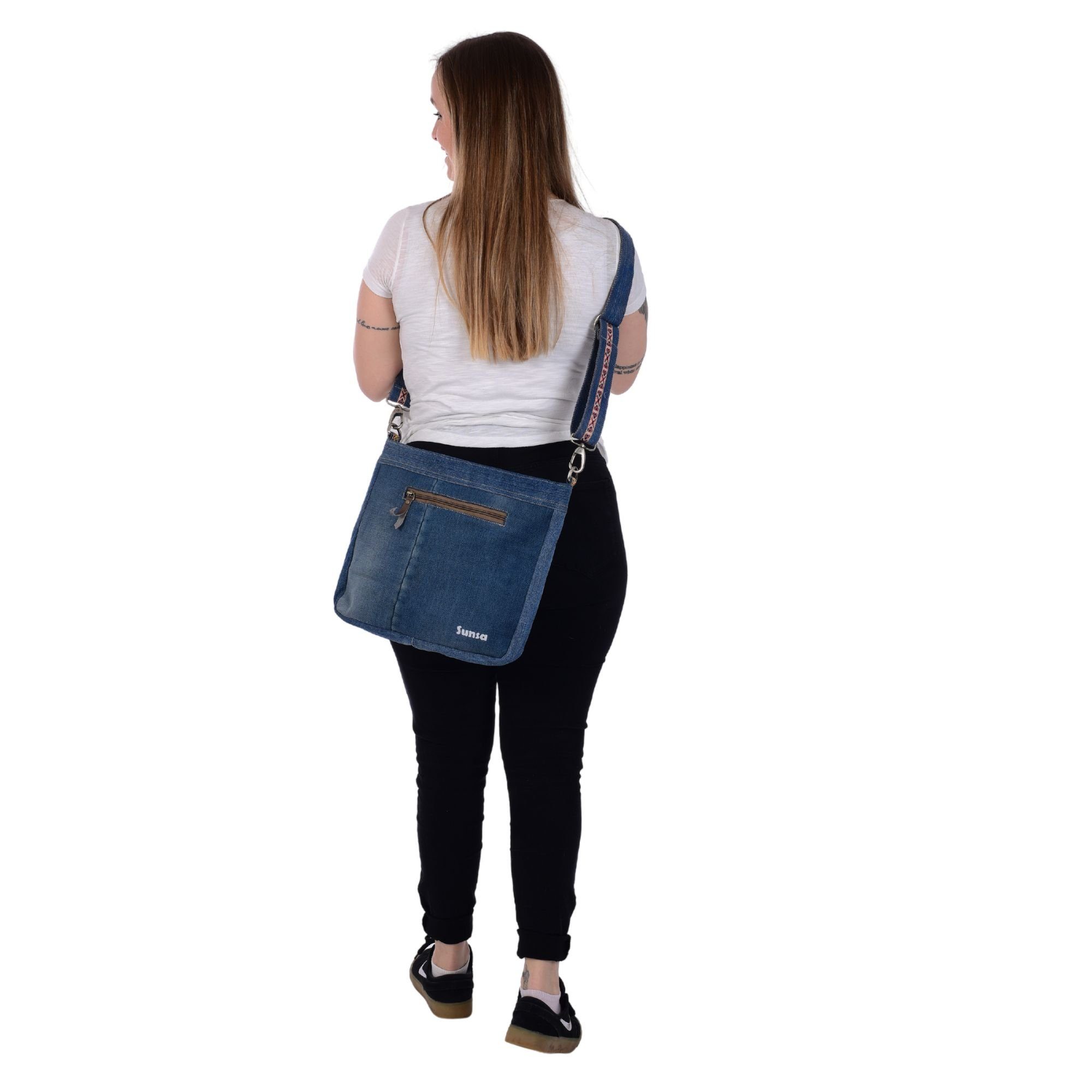 Schultertasche, Nachhaltige mit Sunsa Jeans, abnehmbaren rot/blau Material recyceltes Umhängetasche streifen Schulterriemen, enthält aus Damen recycelte Umhängetasche