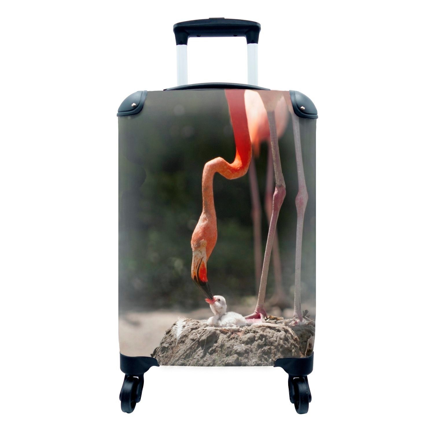 MuchoWow Handgepäckkoffer Flamingo füttert sein Küken, 4 Rollen, Reisetasche mit rollen, Handgepäck für Ferien, Trolley, Reisekoffer