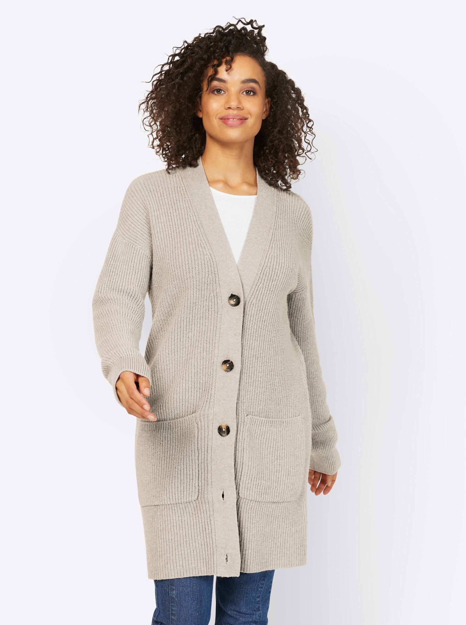 Damen Strickjacke Lang Mit Taschen - Elegante Cardigan Mit V-Ausschnitt