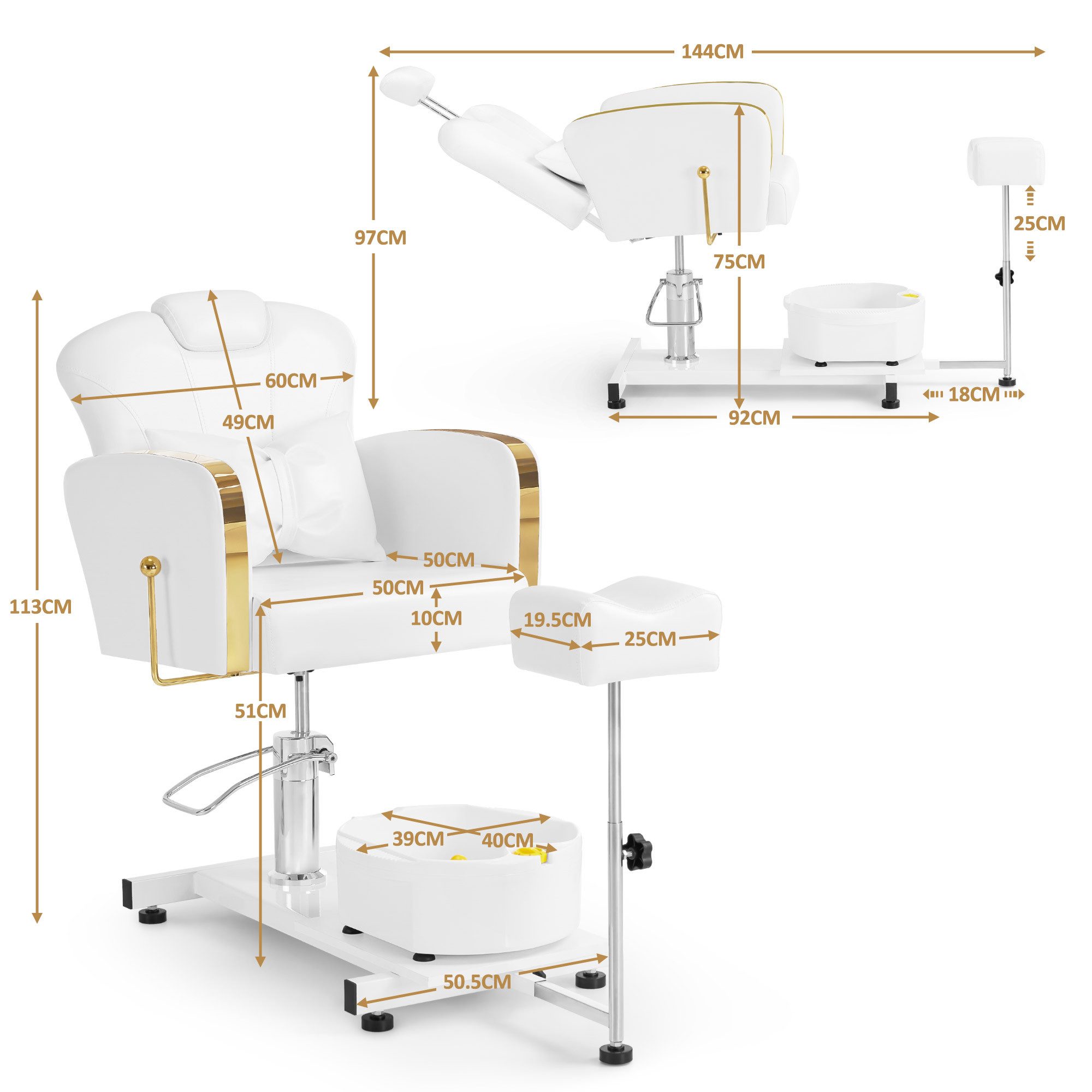 Barberpub Stuhl BarberPub Pediküre Stuhl mit Fußbadewanne F0371 (Gold-Weiß)