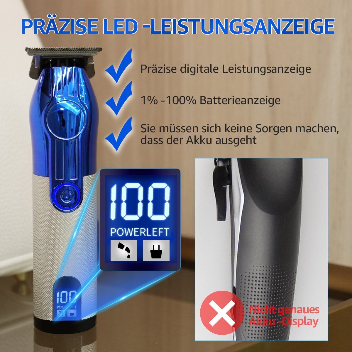 LifeImpree Haarschneider Profi Haarschneidemaschine, Bartschneider 1200 6500 Wasserdicht, Herren, 2 Blau rpm, 7000 Display, LED mAh - Einstellungen