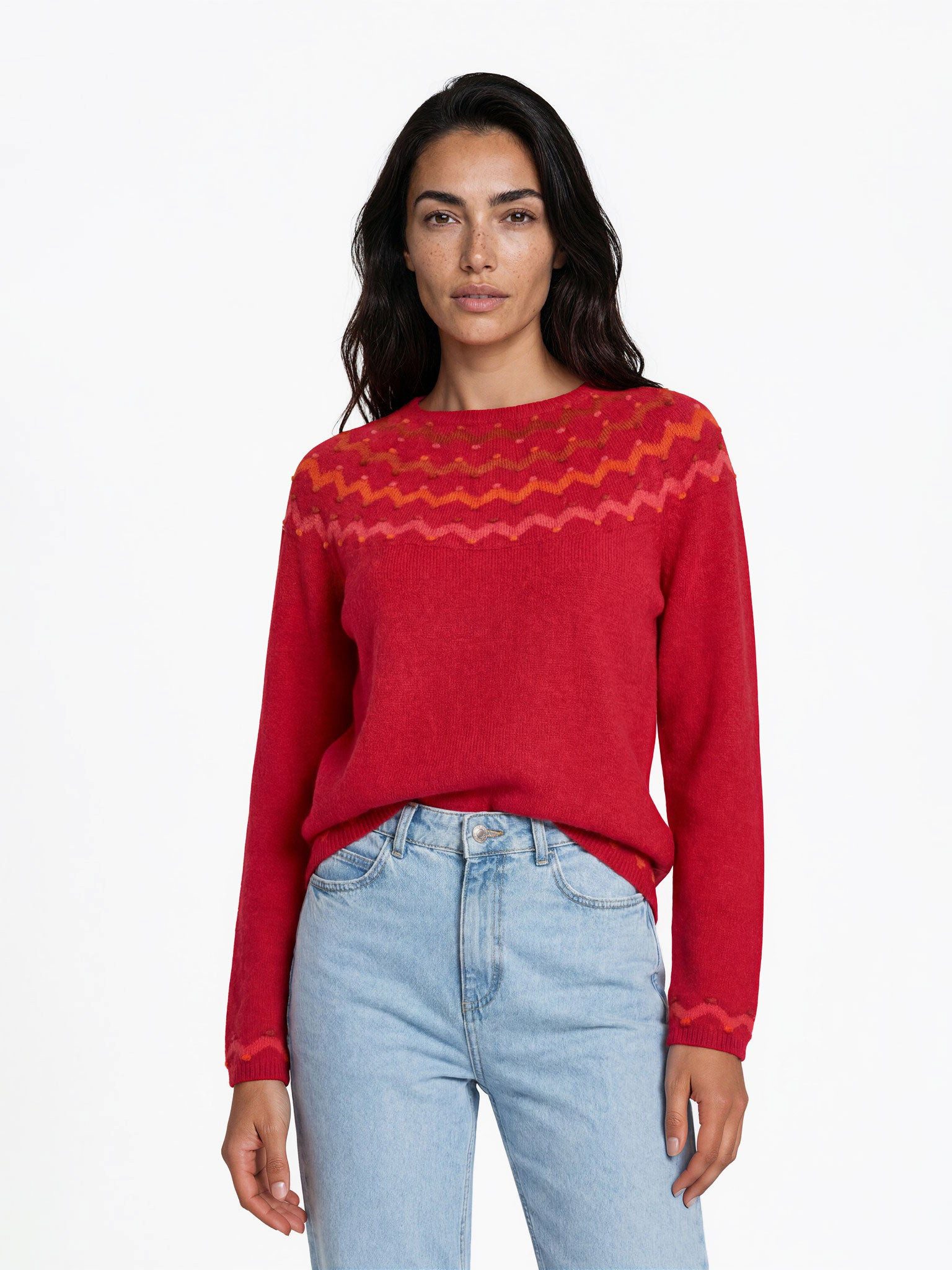 FRISTED Strickpullover Damen Rundhals Lammwolle Jacquard Relaxed Fit Langarm casual Feine Strickqualität mit Zickzack-Details und seitlichen Schlitzen