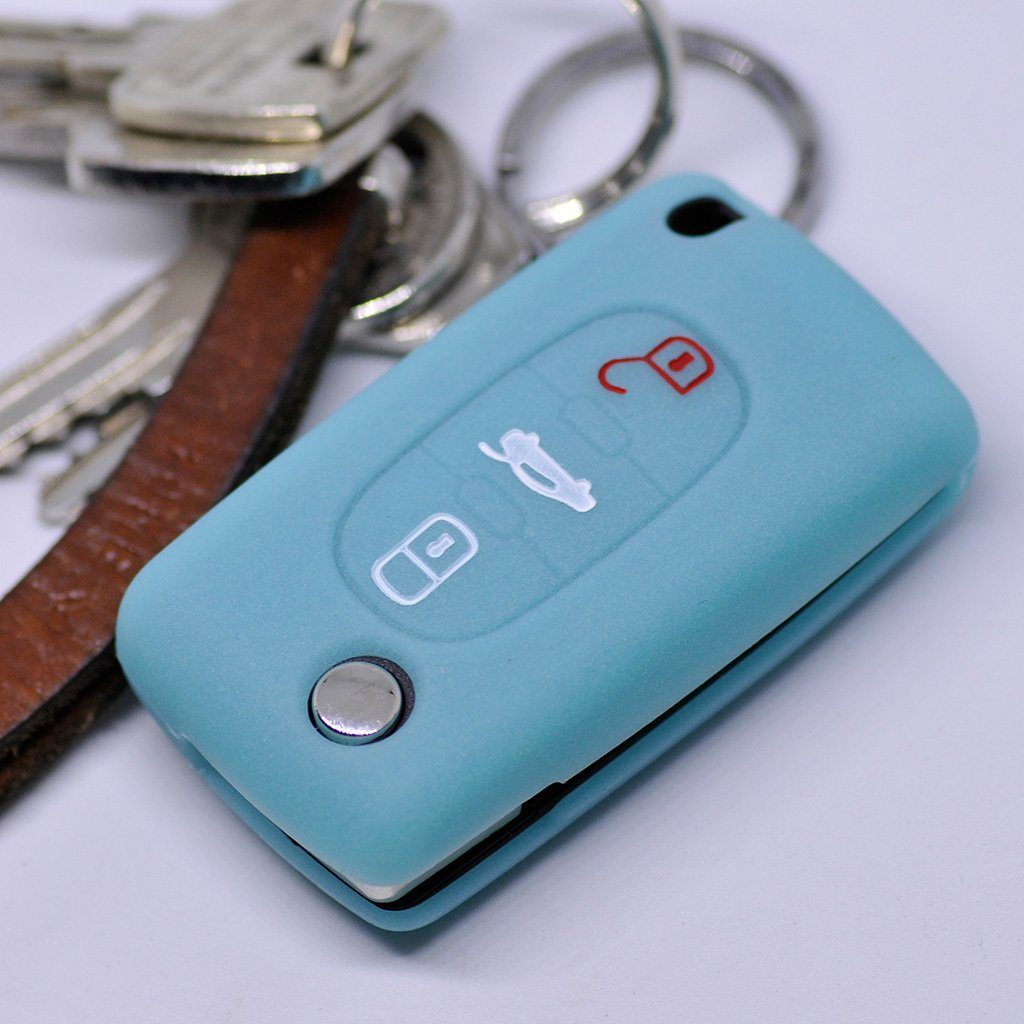 Schlüsseltasche I 308 Citroen 307 Expert 407 mt-key Softcase RCZ für fluoreszierend Blau, III Silikon C4 C5 Peugeot Schutzhülle Autoschlüssel Tasten 3