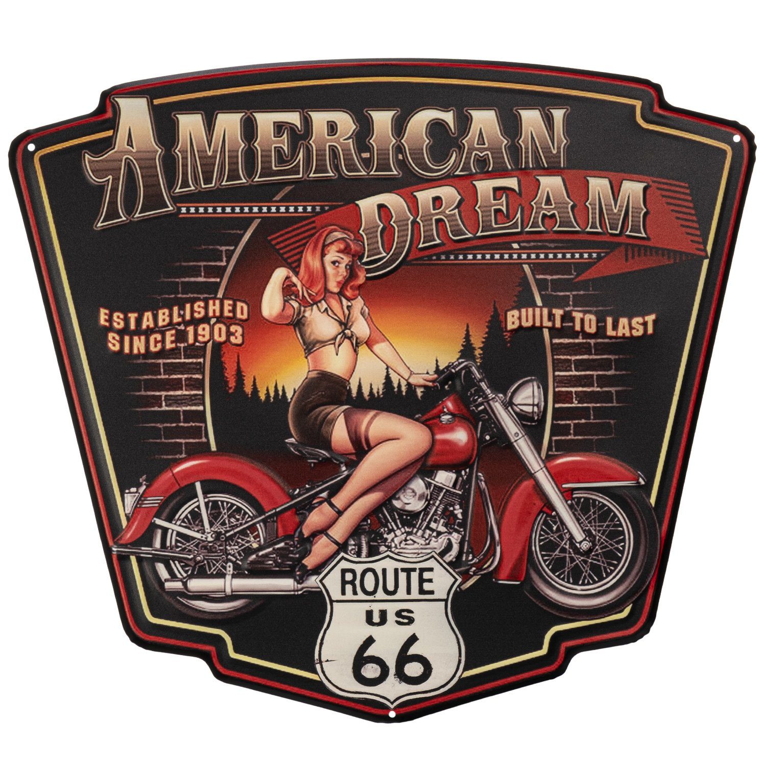 Moritz Metallschild American Dream Route 66 US Motorrad Frau, Vintage Retro Deko Schild Metallschild Wandbild Schild