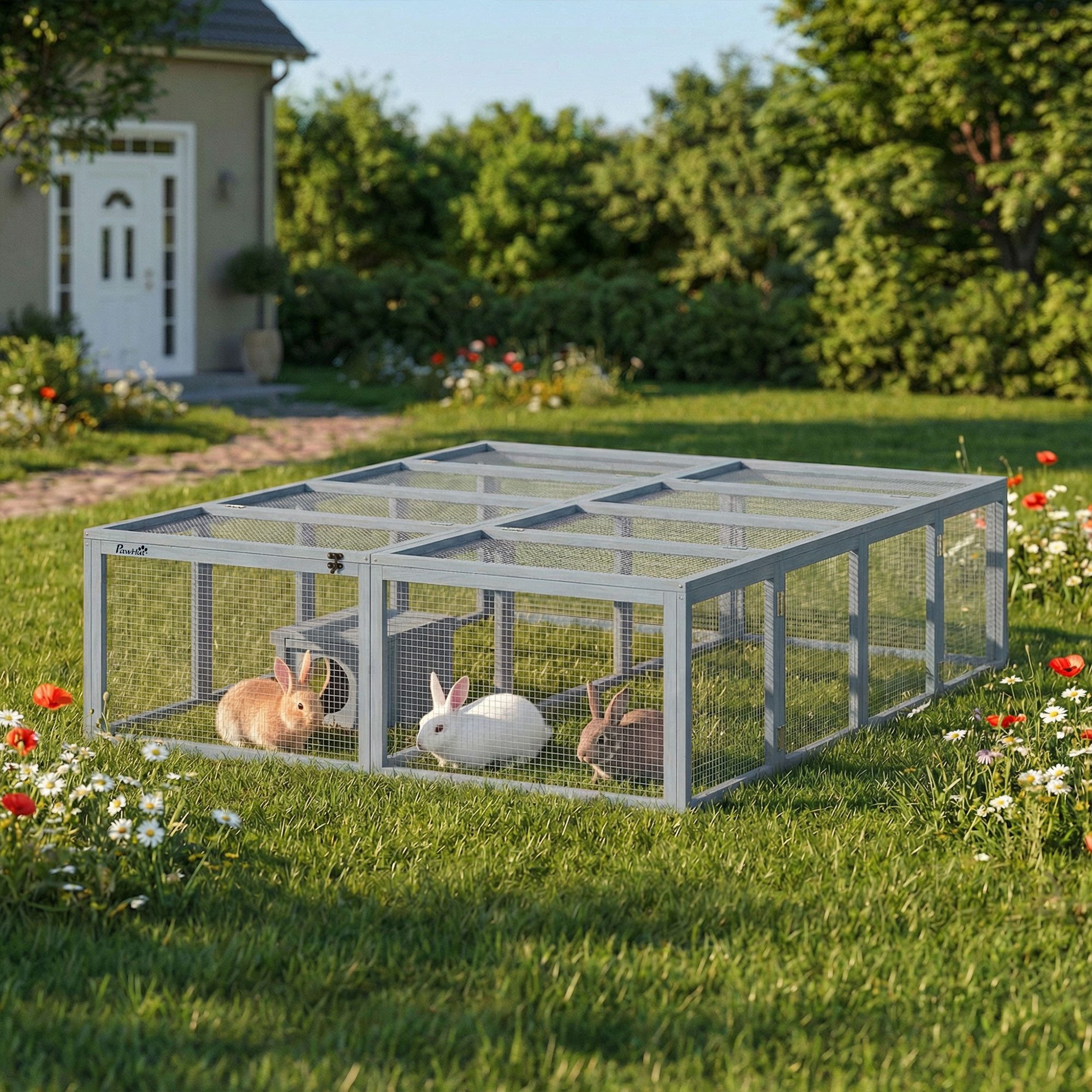 PawHut Kleintierstall Freilaufgehege Kaninchenstall aus Holz mit 2 Türen, für 2-4 Zwergkaninchen Zwergmeerschweinchen 180,4 x 150 x 48 cm Grau