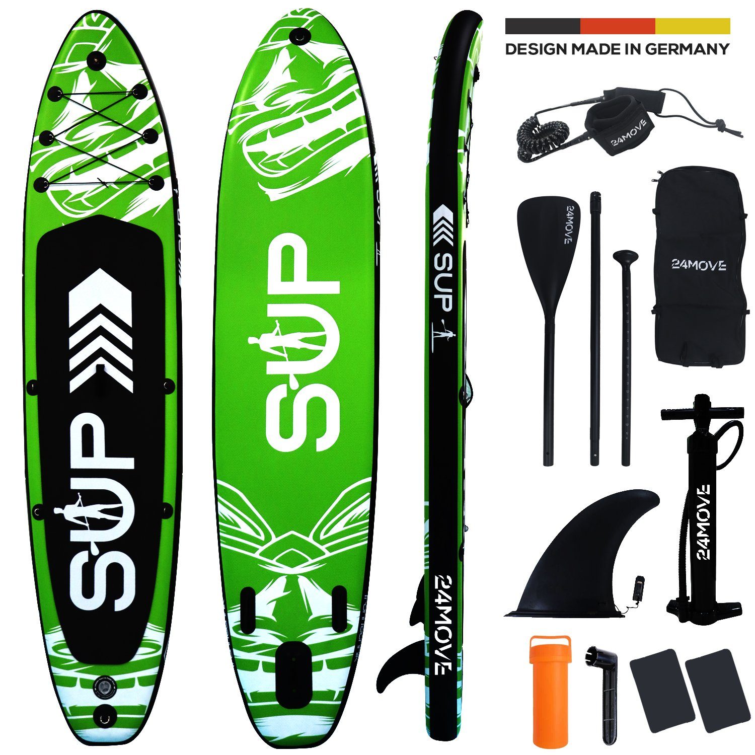 24Move SUP-Board Supboard Set, Premium Stand Up Paddleboard aufblasbar, inkl. Zubehör, Longboard, (Rucksack, Paddel, Action Cam ready, Doppelhub Pumpe, Sicherungsleine, 6 tlg., für Kinder & Erwachsene, GRÜN, 366x80, bis 200 kg), mit Drop Stich Technologie und Anti-Rutsch Oberfläche