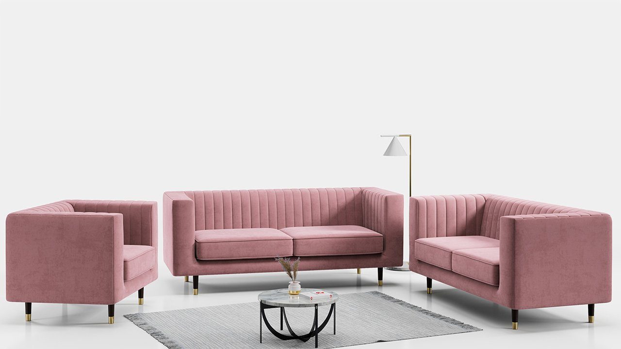 Kronos modischen Möbelset Stil, Loungemöbel MÖBEL MKS hohen 3 Rosa mit 2 ELMO Beinen, im 1, Sofa