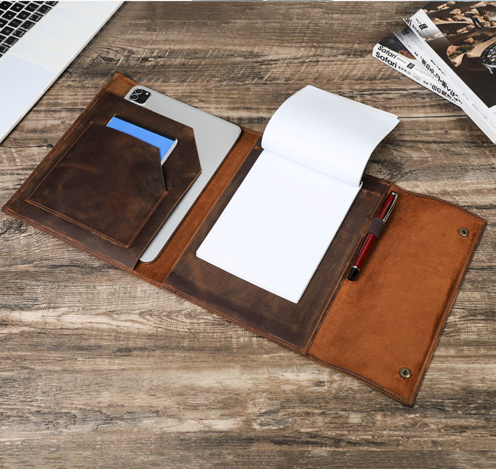 YUBRO-STUDIO Etui Lederhülle für B5 Notizbuch mit Stifthalter iPad Pro Etui