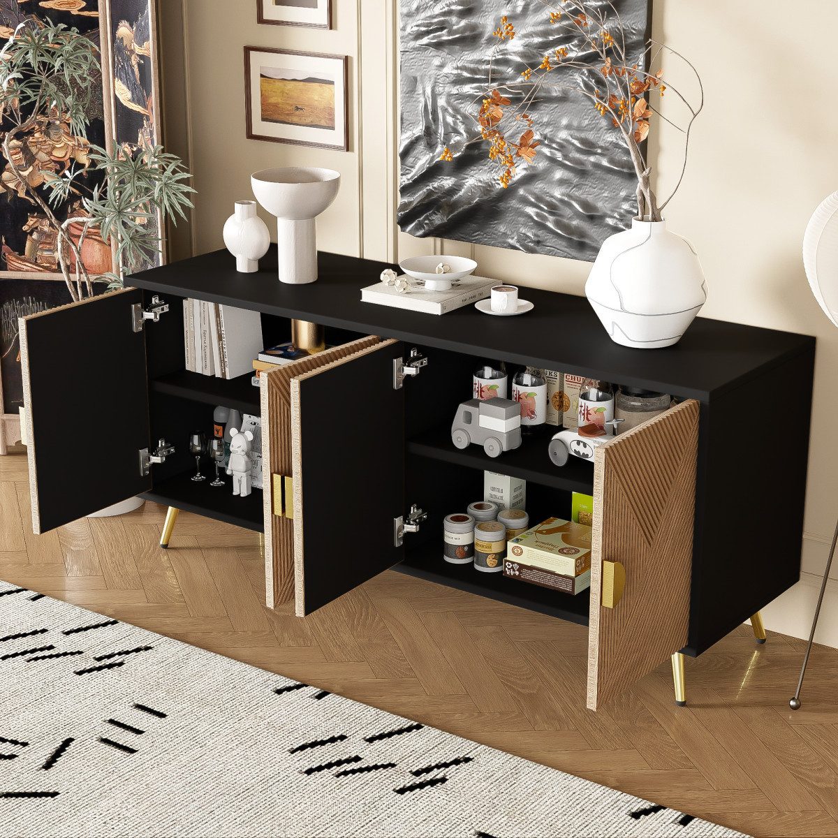 Rutaqian Sideboard Kommode mit 4 Türen,Goldene Gebürstete Griffe und Hochglanz Tischbeine (Einzigartige Tür mit Erhabener Linienstruktur in Holzfarbe, Sideboard 160x40x75 cm)