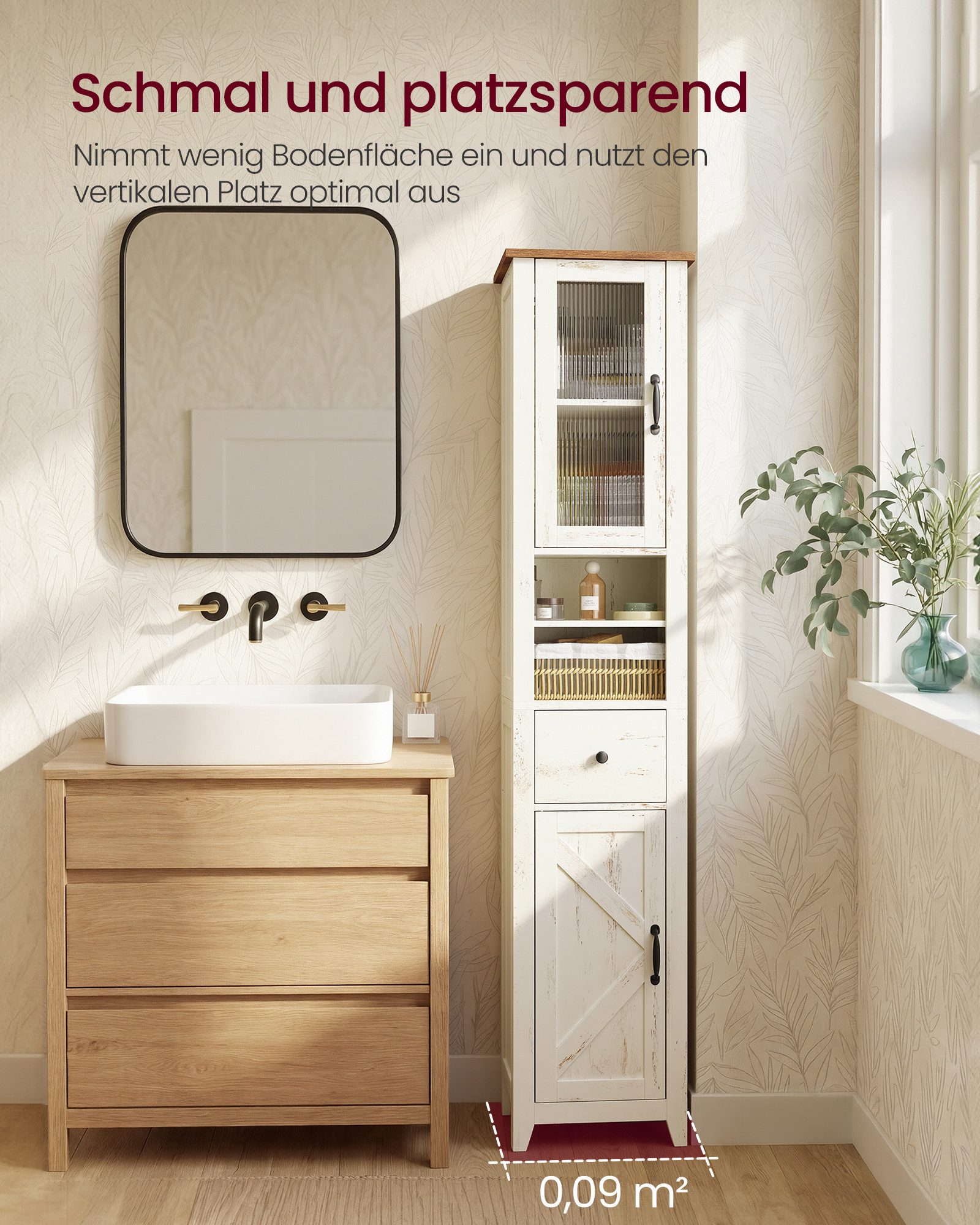 VASAGLE Badkommode Badezimmerschrank im Landhausstil, Badschrank schmal, Badmöbel, offene Fächer, 1 Schublade, mit Türen
