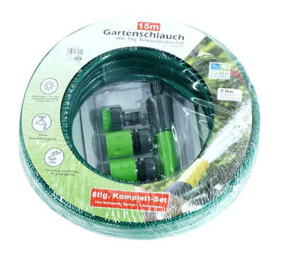 dynamic24 Schlauch, 6tlg. Set Gartenschlauch 15m 1/2 Zoll + Anschlüsse Garten Spritze Wasserschlauch