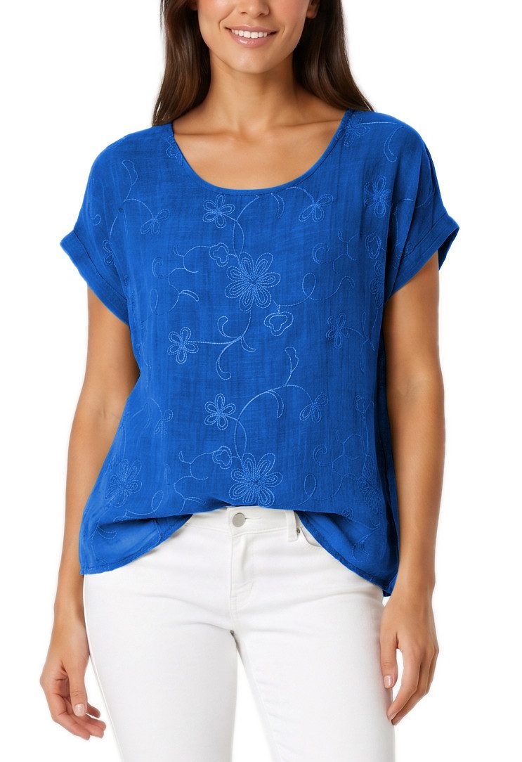 dy_mode Kurzarmbluse Kurzarm Bluse Elegantes Baumwollshirt Damen einfarbig Blusenshirt in Unifarben, Rundhalsausschnitt, mit Blumenstickerei