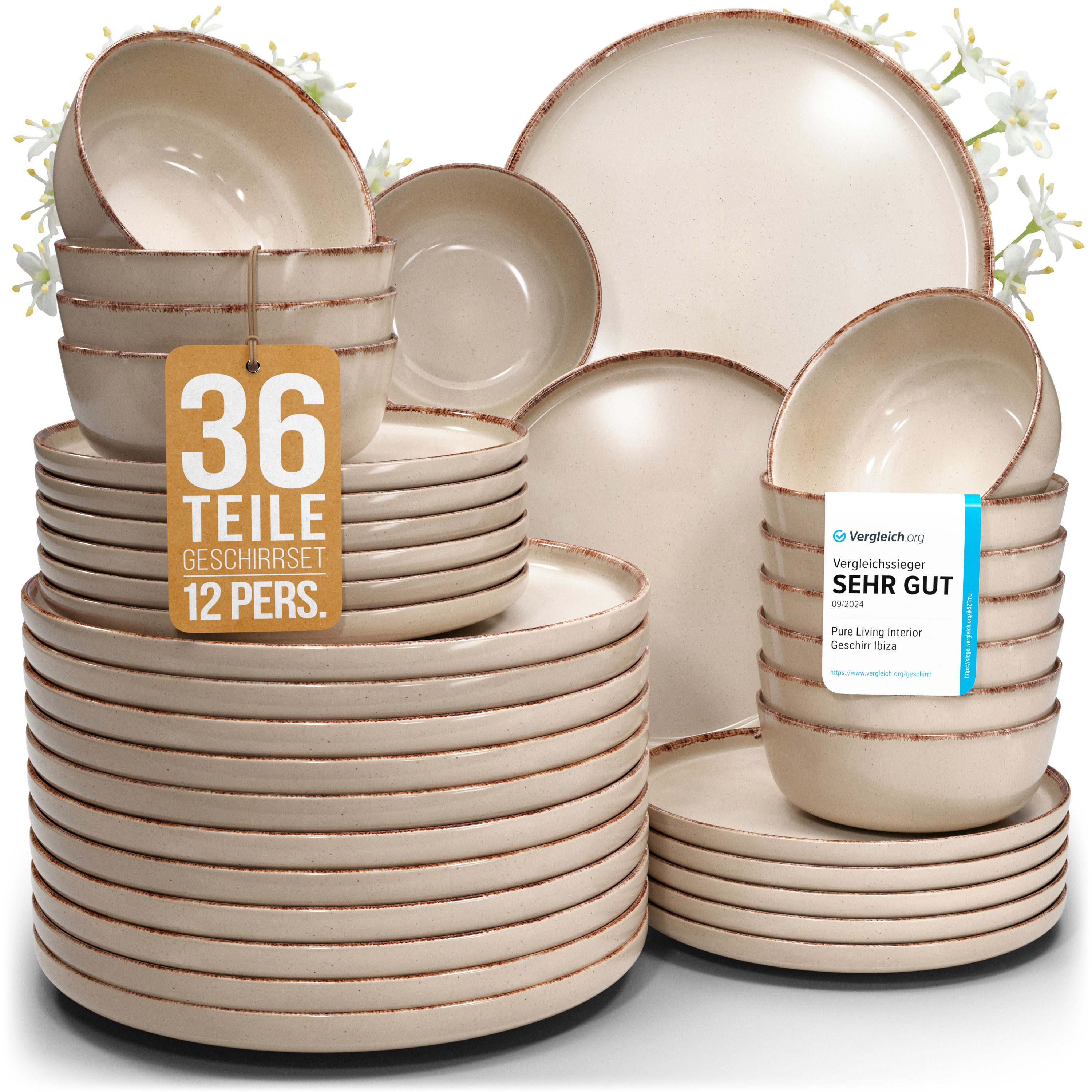 PURE LIVING INTERIOR DESIGN Geschirr-Set Rustic aus Steingut, 36-tlg., für 12 Personen, Beige (36-tlg), 12 Personen, Steingut
