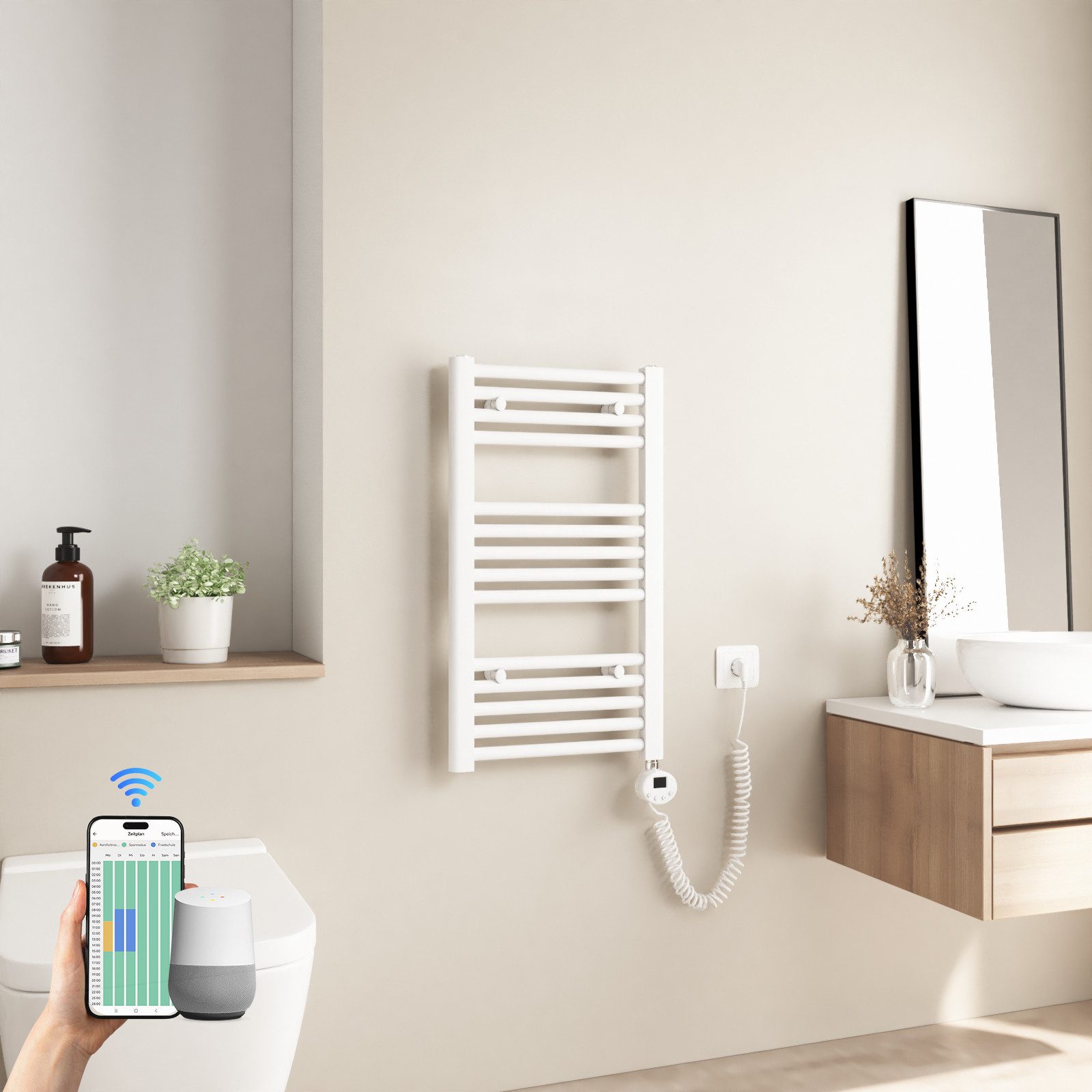 Heilmetz Elektrischer Badheizkörper mit Smart WLAN Thermostat Heizstab, 250W, Intelligente App/Sprachsteuerung, Weiß, Geeignet für 3 m²