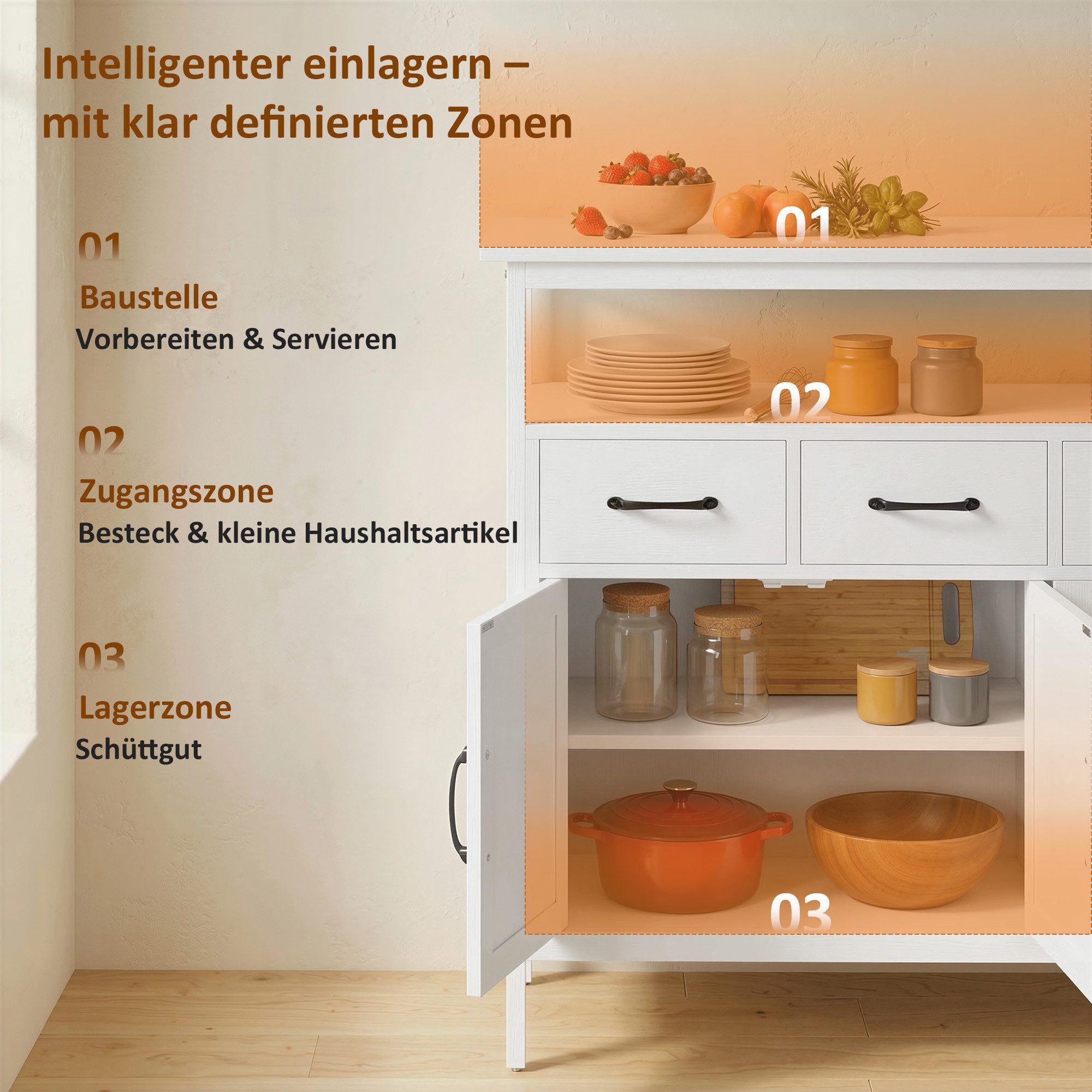 HOMCOM Sideboard Aufbewahrungsschrank mit offenem Regal, 3 Schubladen, Weiß (Kommode, 1 St., Küchenschrank), Großer Stauraum mit verstellbaren Regalen – Bild 4 von 5