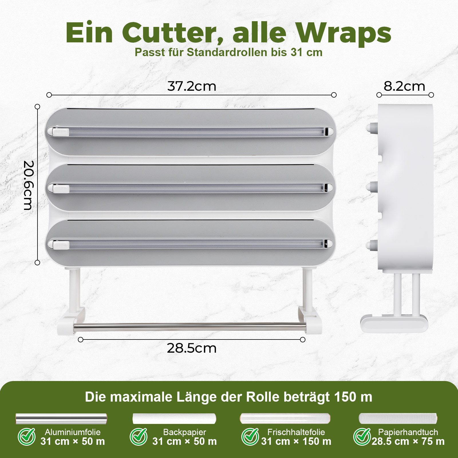 JOYOLEDER Küchenrollenhalter 4-in-1 Frischhaltefolienspender mit Küchenrollenhalter, (Platzsparender Wandrollenhalter, magnetisch & ohne Bohren), Folienschneider für Frischhaltefolie & Alufolie