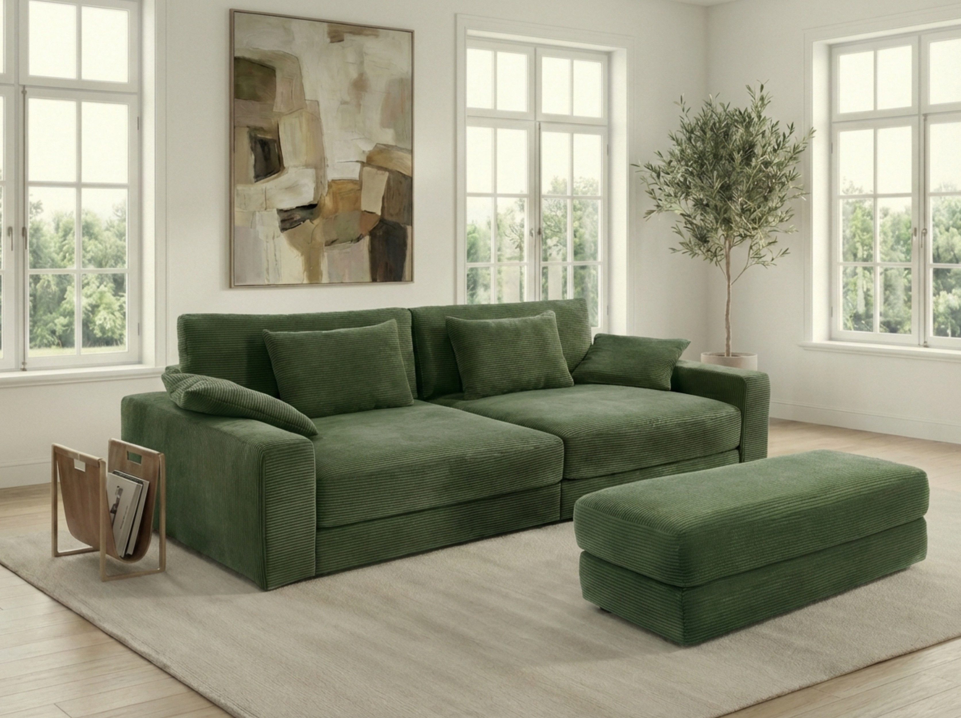 luma-home Polsterhocker 15256 (B124/T60/H40 cm, Bonellfederkern-Polsterung), Sitzbank Designerhocker, robuster Cord-Bezug Grün