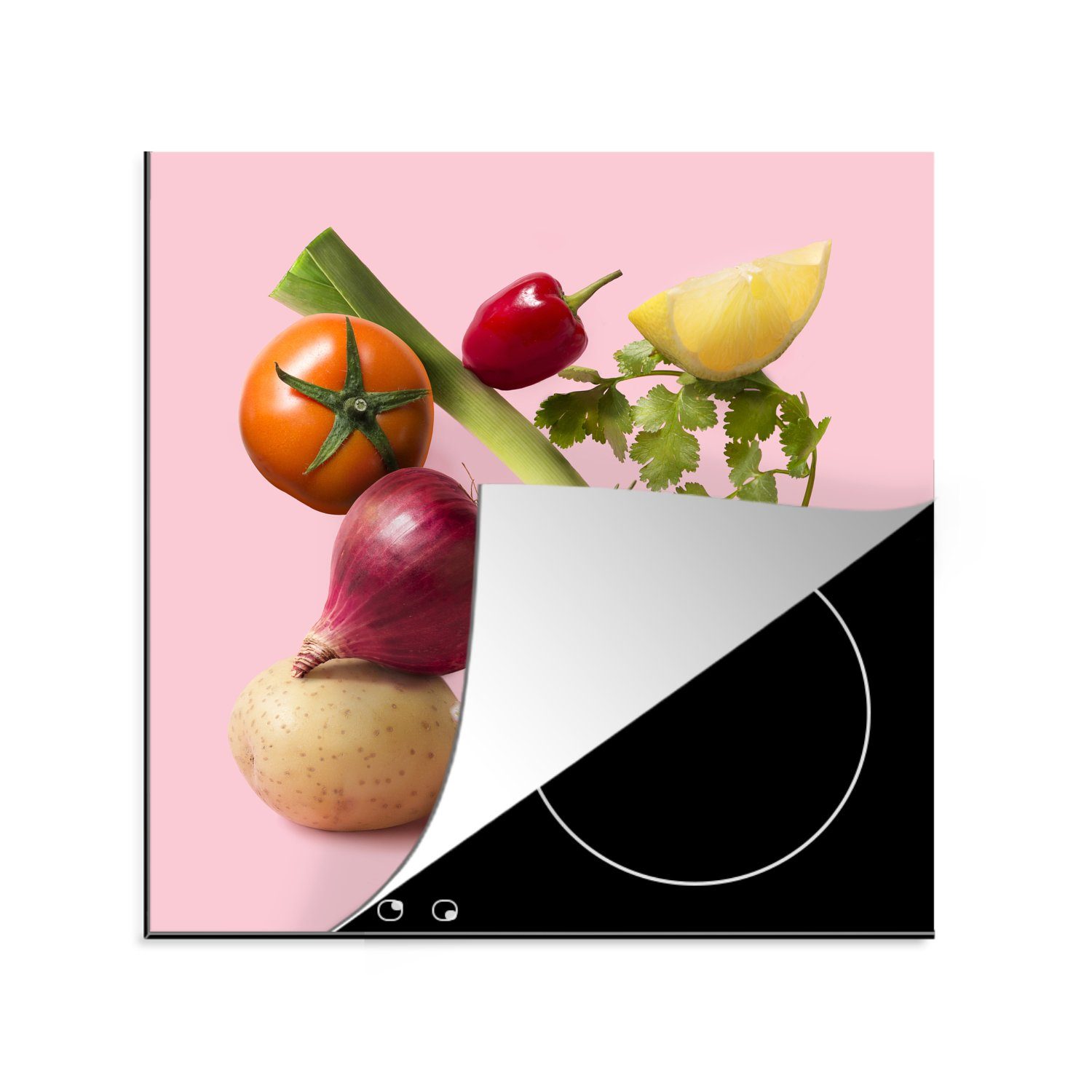 MuchoWow Herdblende-/Abdeckplatte Lebensmittel - Gemüse - Rosa, Vinyl, (1 tlg), 78x78 cm, Ceranfeldabdeckung, Arbeitsplatte für küche
