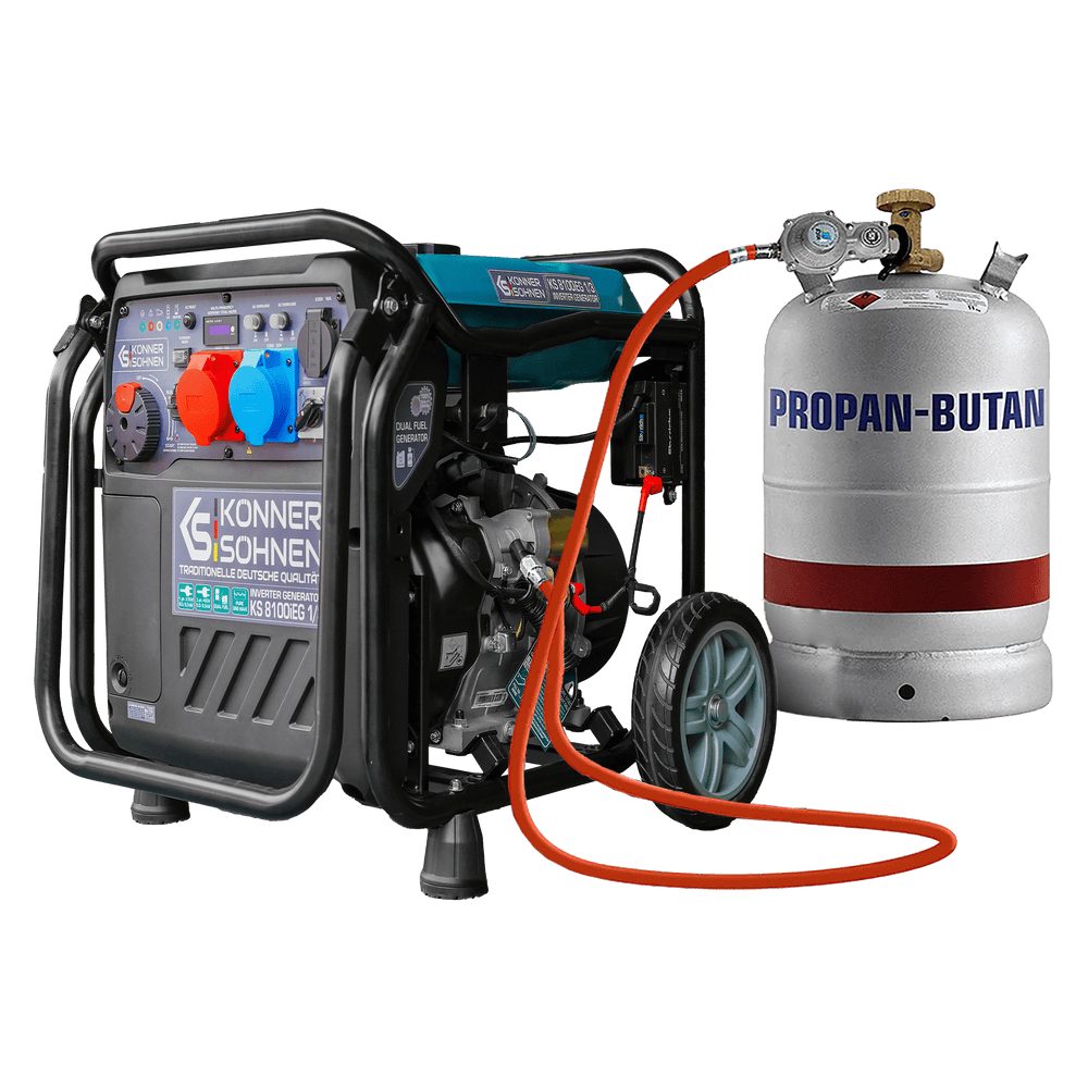 Könner & Söhnen Stromerzeuger KS 8100iEG 1/3, (Benzin- und Gas-Inverter-Stromerzeuger Set, Dual-Fuel Generator mit 230V/400V Phasenumschaltung (VTS) und E-Start), Dual-Fuel Betrieb, reine Sinuswelle & VTS-Phasenumschaltung