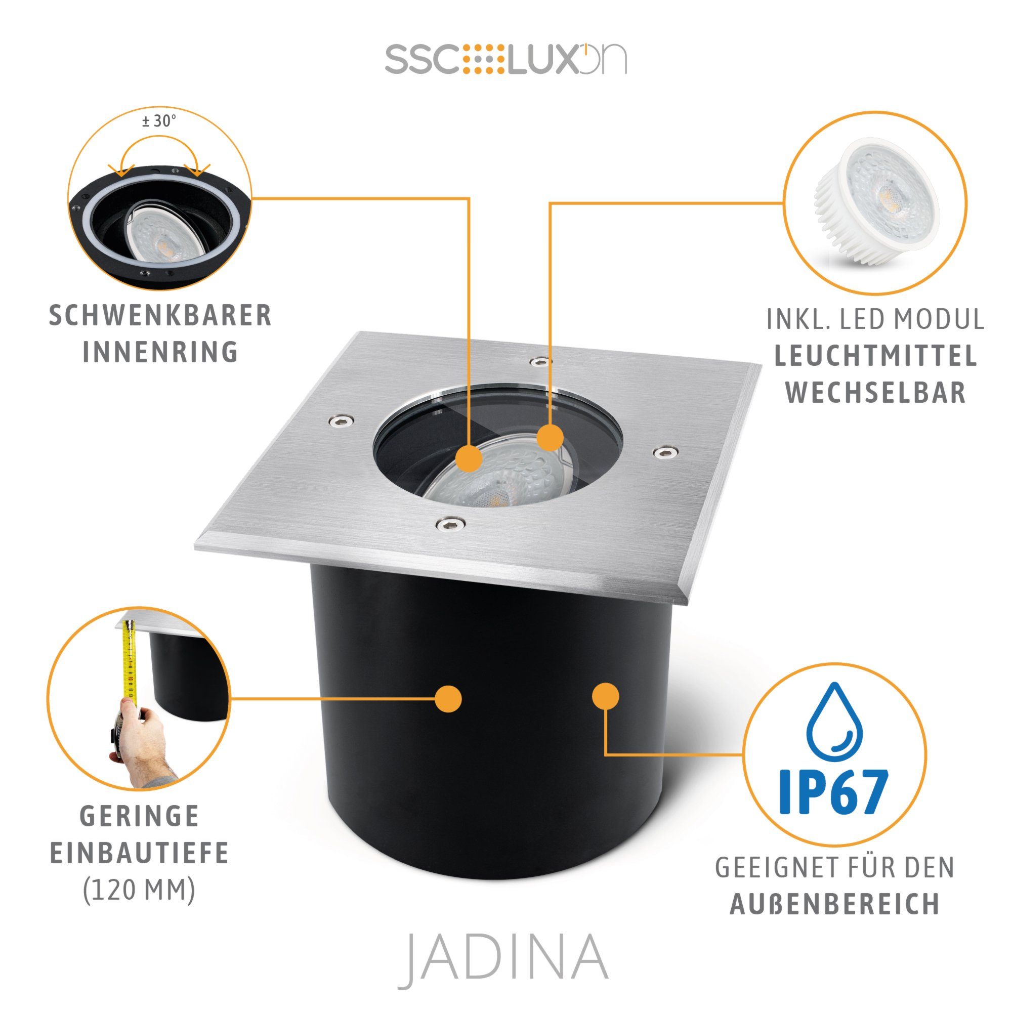 SSC-LUXon LED Gartenstrahler LED Bodenstrahler JADINA schwenkbar, flach & quadratisch IP67, Warmweiß
