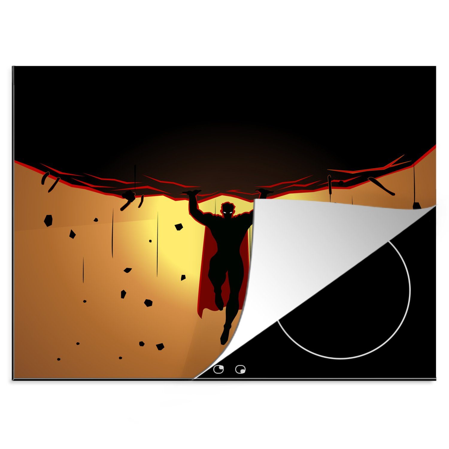 MuchoWow Herdblende-/Abdeckplatte Kinderillustration eines Superhelden, der einen riesigen Stein anhebt, Vinyl, (1 tlg), 60x52 cm, Mobile Arbeitsfläche nutzbar, Ceranfeldabdeckung
