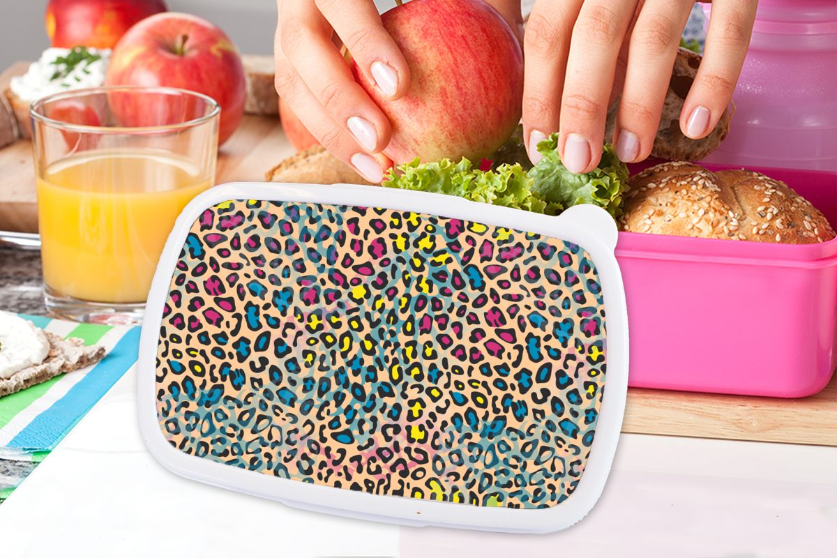 MuchoWow Lunchbox Pantherdruck - Snackbox, - (2-tlg), Farben, für Kinder, Muster rosa Kunststoff Kunststoff, Brotbox Erwachsene, Brotdose Mädchen