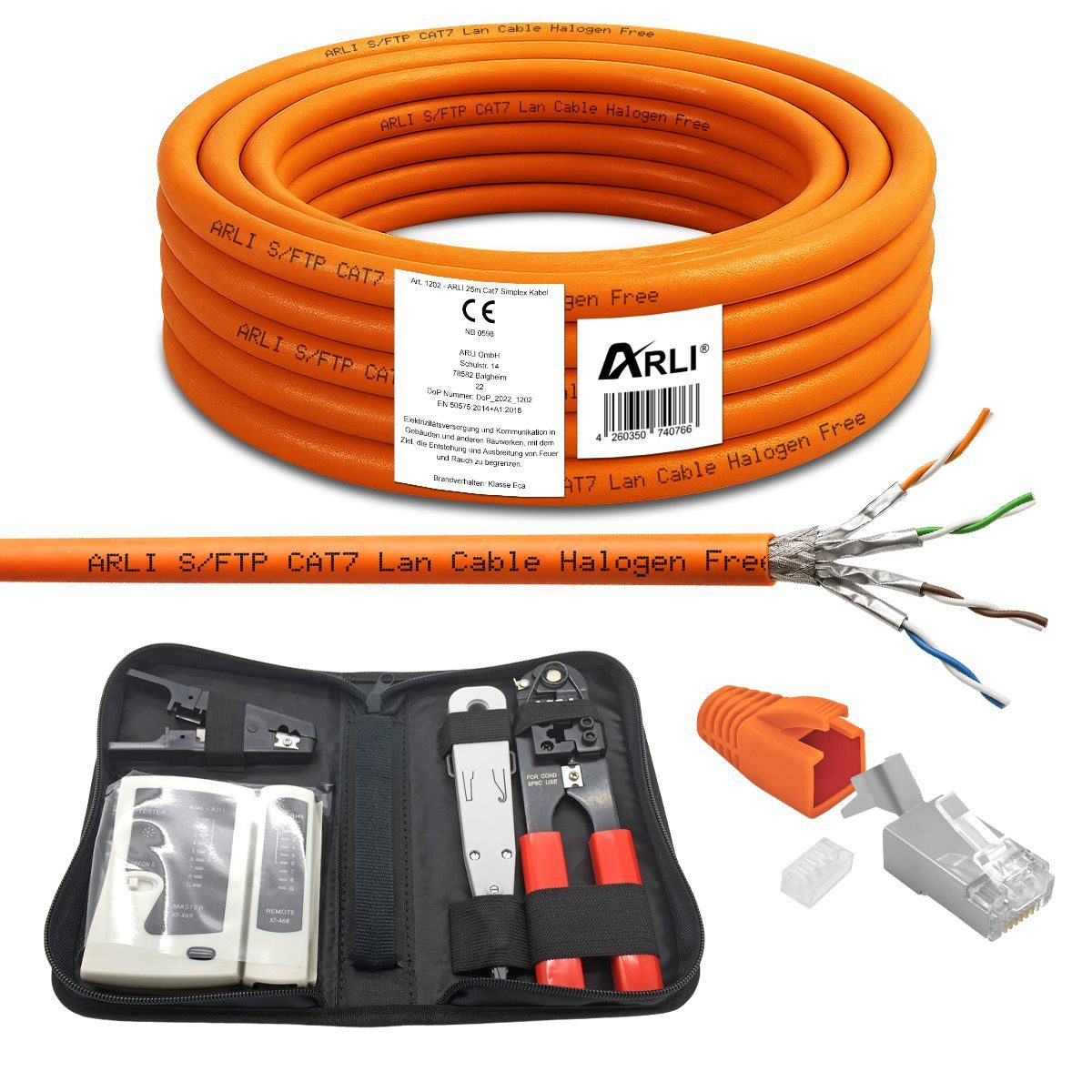 ARLI Verlegekabel Cat7 25 m + Werkzeugset + 10 RJ45 Netzwerkstecker Installationskabel, RJ45, Netzwerkstecker (2500 cm), Metermakierung
