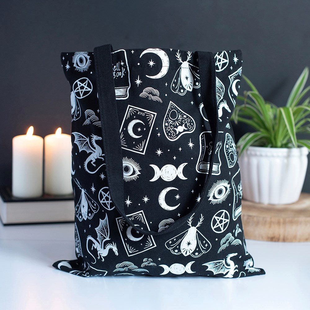 Something Different Schultertasche Witchy Icons Stofftasche – Gothic Tote Bag Schwarz/Weiß Spellbound