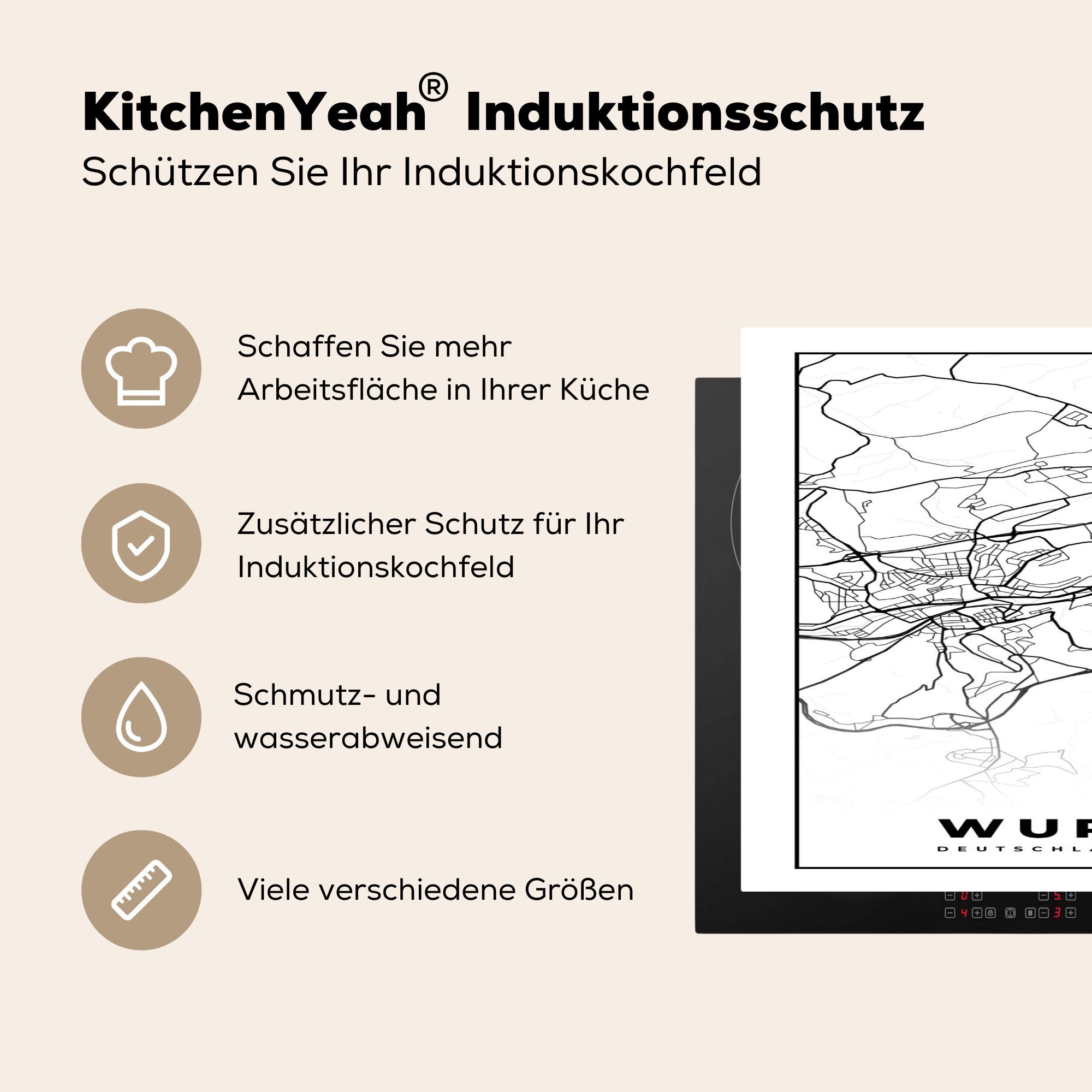 MuchoWow Herdblende-/Abdeckplatte cm, küche, tlg), (1 die für 81x52 - Stadtplan Karte, Induktionskochfeld Schutz Vinyl, Ceranfeldabdeckung Wuppertal -