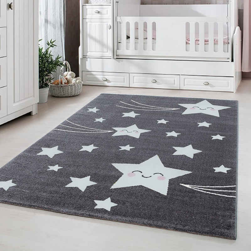 Kinderteppich Sterne-Design, Carpetsale24, Läufer, Höhe: 11 mm, Kinderteppich Stern-Design Grau Baby Teppich Kinderzimmer Pflegeleicht