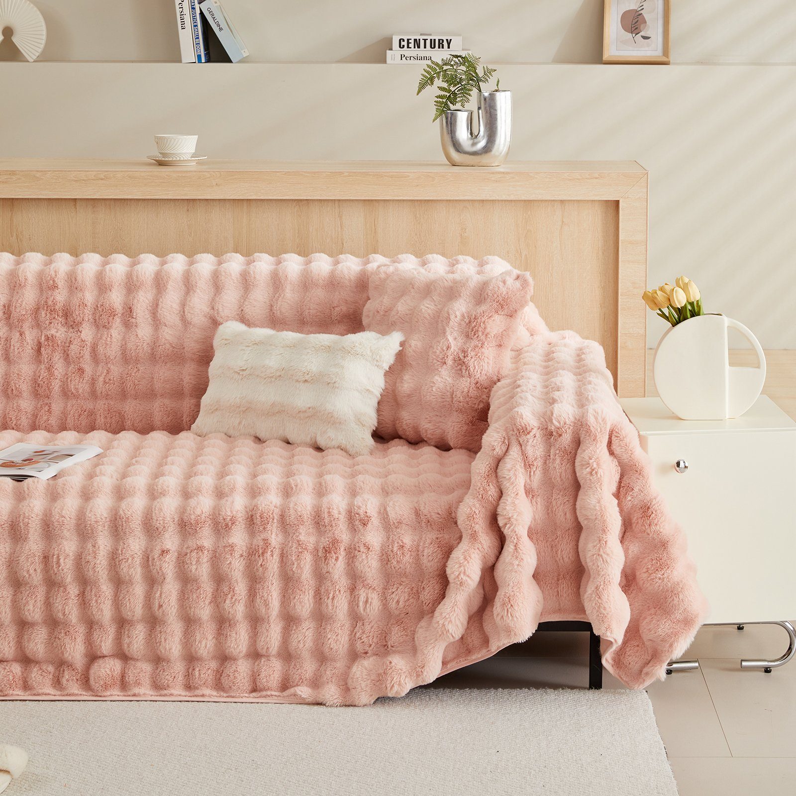 Sofa Dick Kunstpelz Sunicol, aus Rosa#2 Antirutsch, Warme, Wohnzimmer Sofabezug SofaÜberwurf Sitzkissenbezug, Couchbezug, Superweiche Plüsch Winter für