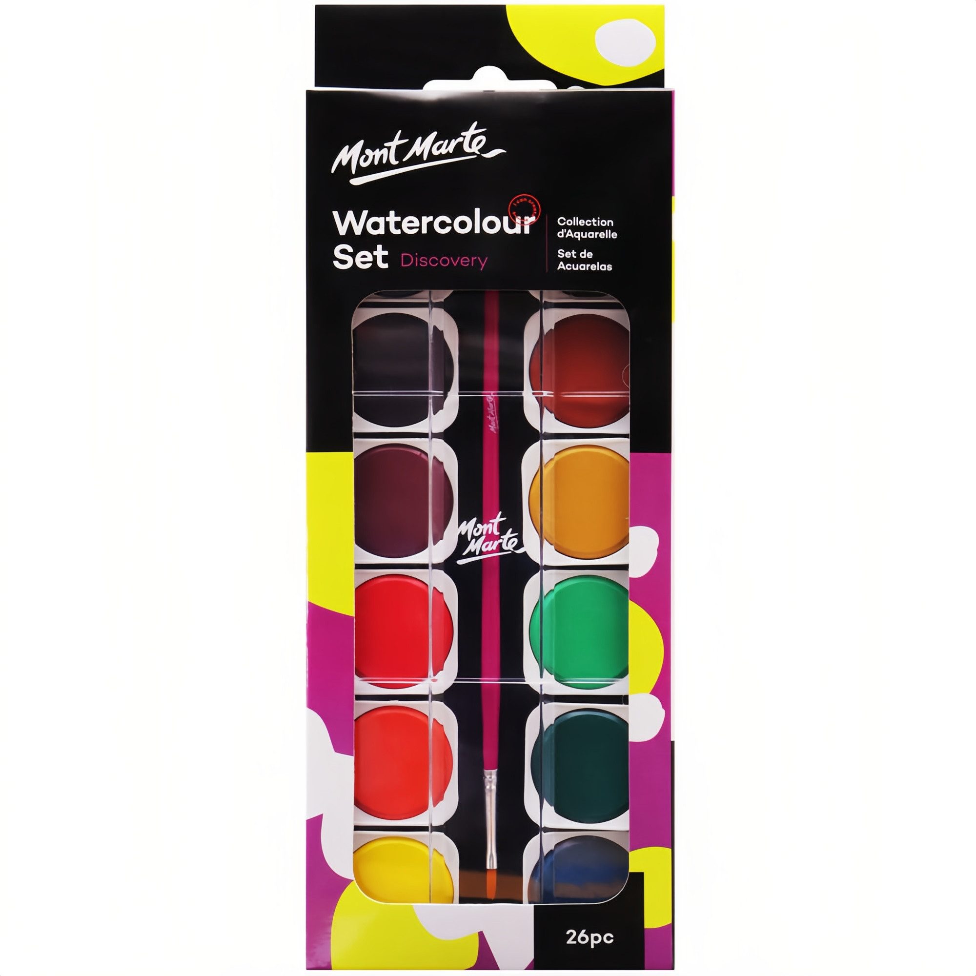 Mont Marte Aquarellfarbe Wasserfarben Set – 16 / 24 / 36 brillante Farben mit 1 Pinsel, Hoch pigmentiert, leicht mischbar – für Einsteiger & kreative Projekte