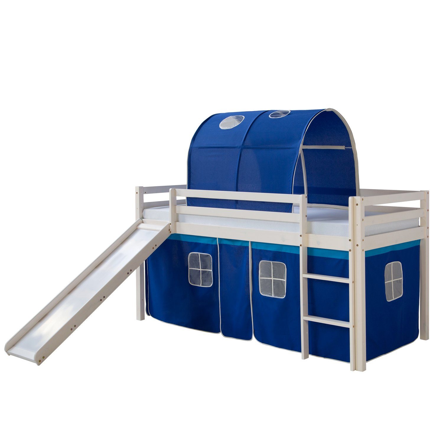 Homestyle4u Hochbett 90x200 mit Vorhang Stockbett Kinderbett Holz Weiß Blau günstig online kaufen