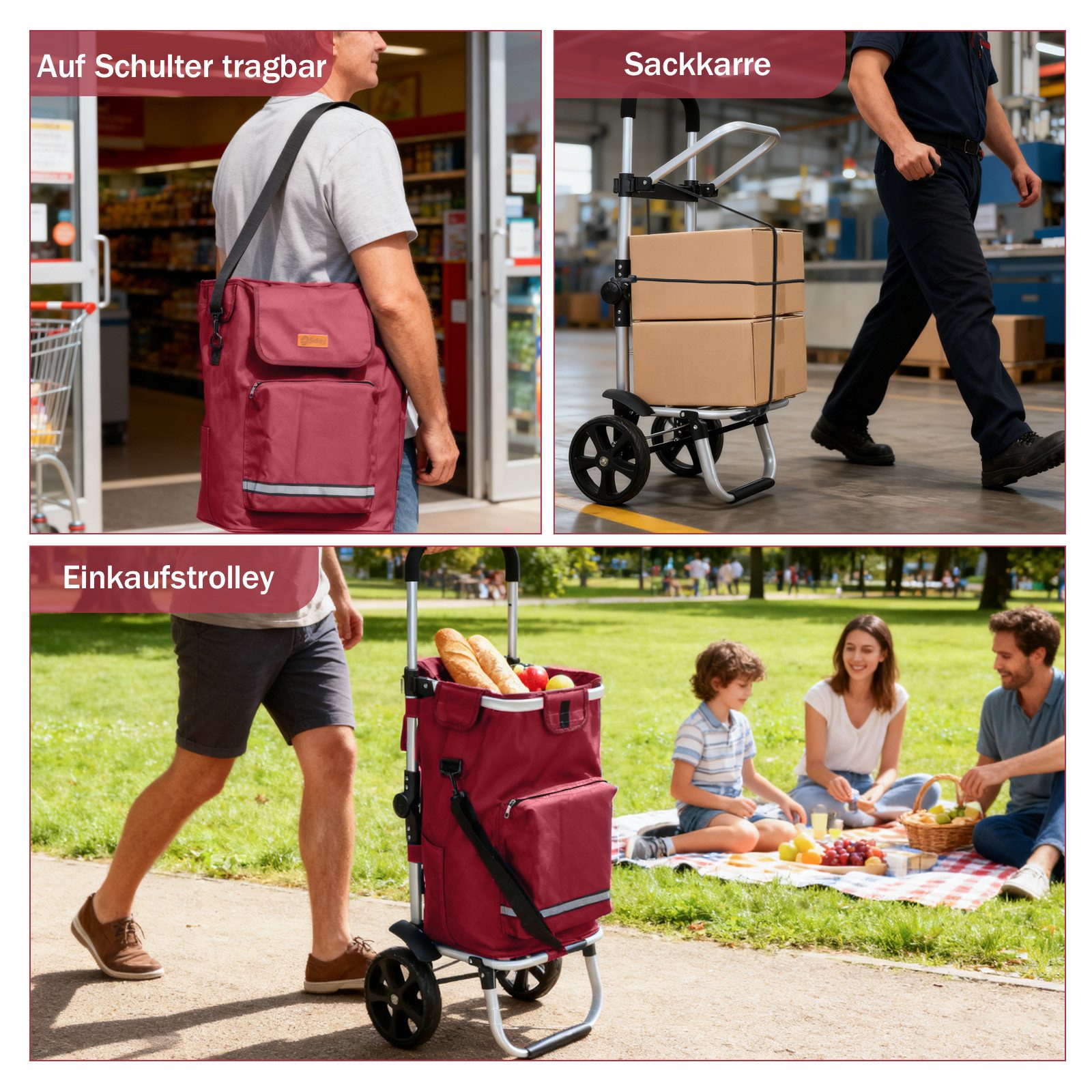 Sekey Einkaufstrolley 3-in-1 mit Kühlfach und Spanngurt, Faltbarer Einkaufswagen 42L & 35kg, 42 l, 3-in-1 Trolley, Sackkarre & Umhängetasche, Ideal für Einkäufe – Bild 5 von 5