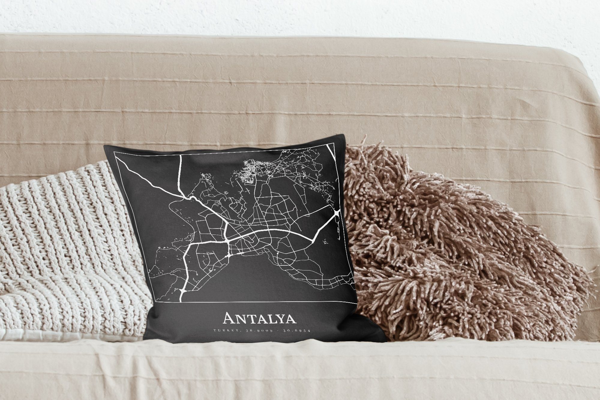 MuchoWow Dekokissen Karte - Antalya Sofakissen Deko, für Schlafzimmer, Zierkissen - mit Wohzimmer, Füllung Stadtplan