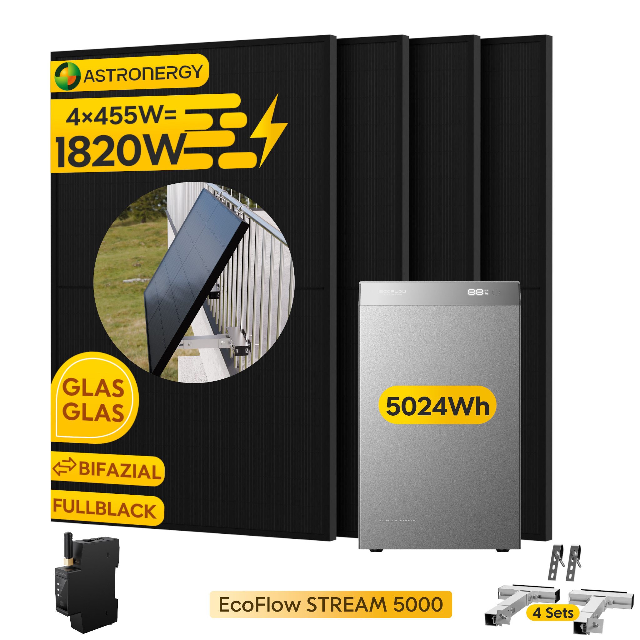 Ecoflow Balkonkraftwerk EcoFlow STREAM 5000 Speicher 5024Wh, 1820W, (mit 4x Astronergy 455W Module), inkl. Smart Meter&Halterung (Optional)
