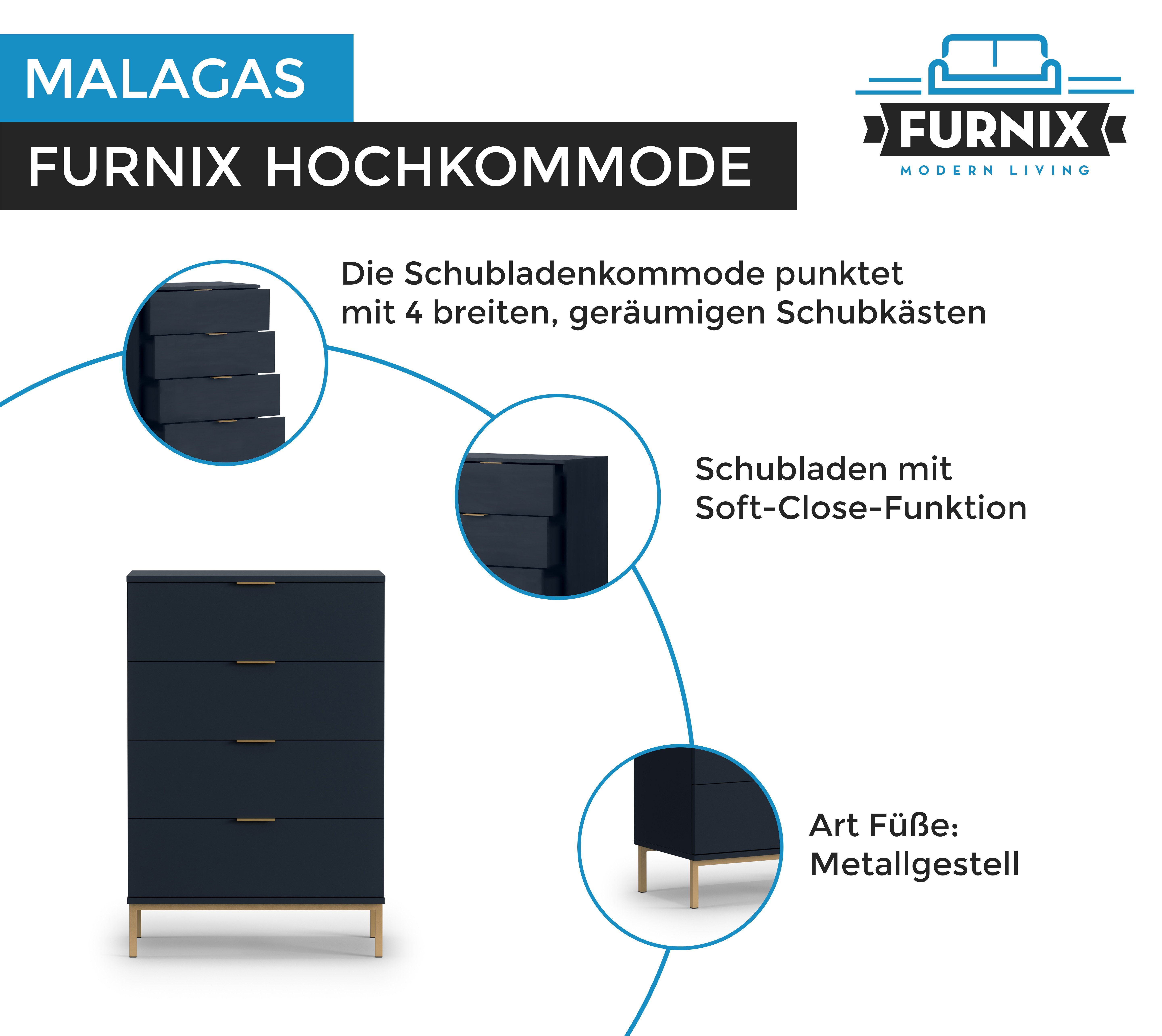 Furnix Hochkommode MALAGAS Nachtblau B70 cm, Metallgestell in K4SZ Schwarz, x H104,2 Marineblau T41 Altgoldoptik Schubladen oder x Highboard mit4
