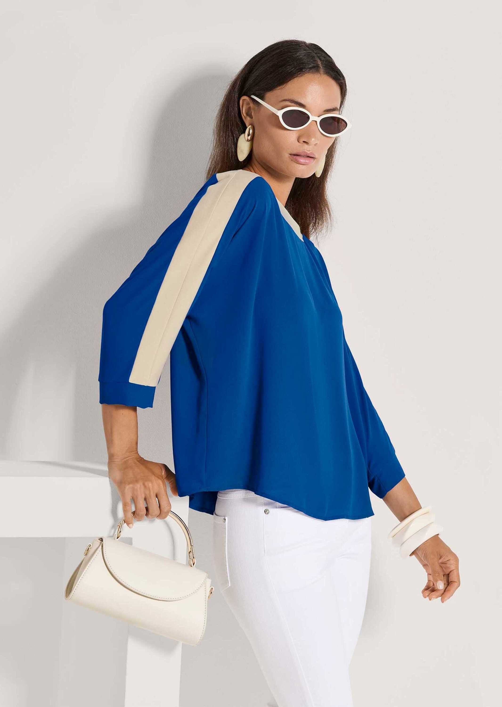 MADELEINE Shirtbluse Businessbluse im Colour Blocking-Stil Sommerbluse mit U-Boot-Ausschnitt und 3/4-Arm