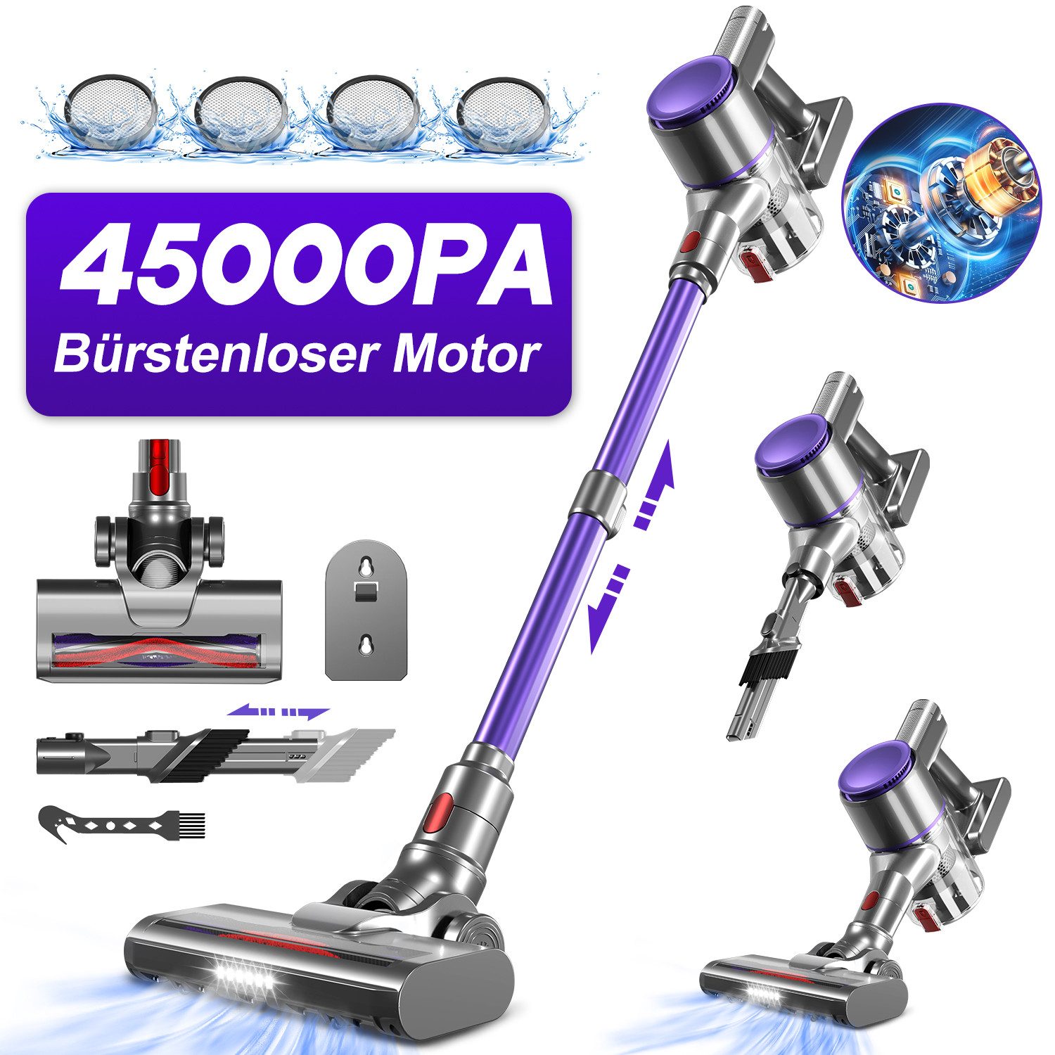 Akku-Hand-und Stielstaubsauger Akku Staubsauger Kabellos 45000Pa/50Min/1.6L HEPA*4