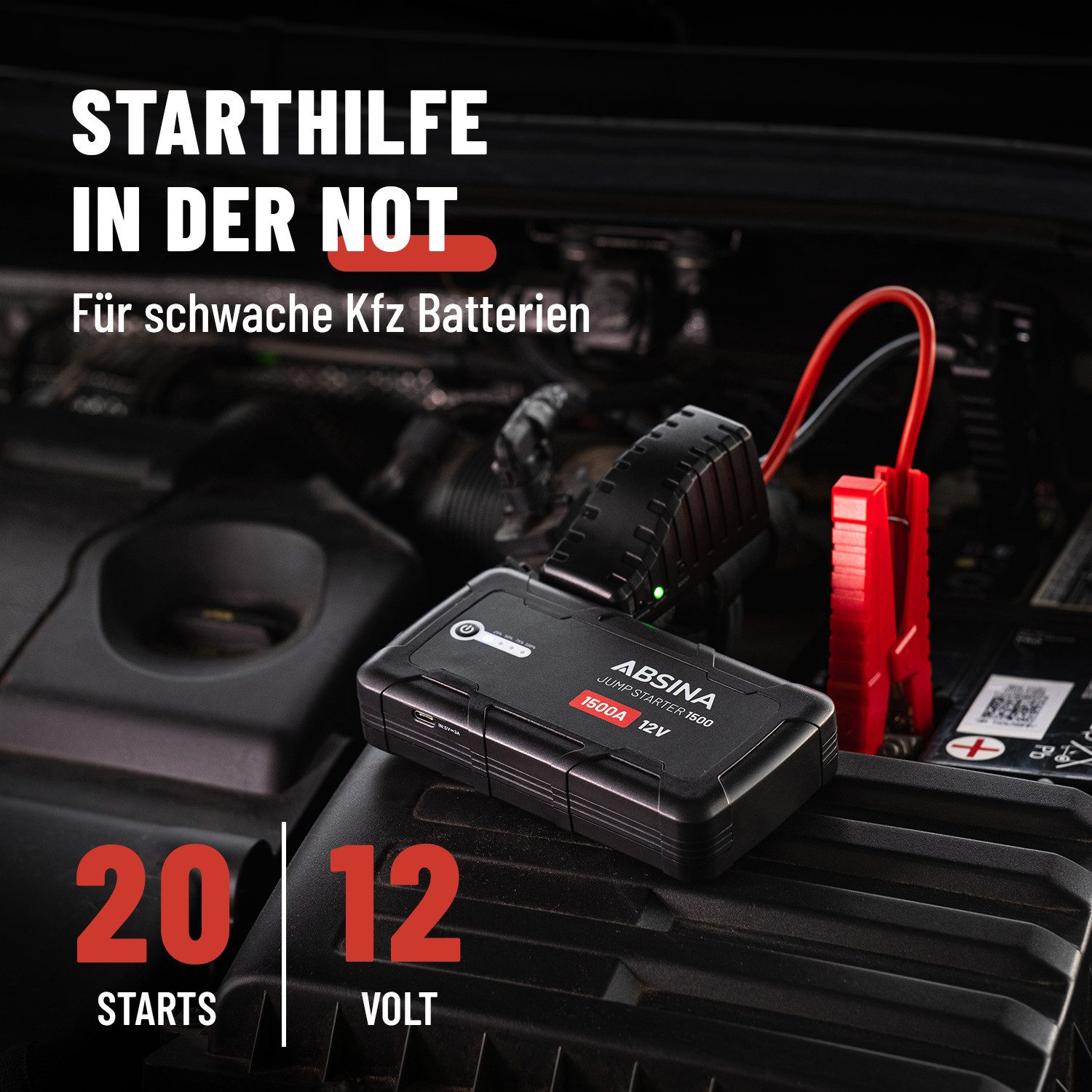 ABSINA Auto Starthilfe Powerbank 1500A - 12V Booster, Ladegerät KFZ Starthilfegerät 2500 mAh (14,8 V)
